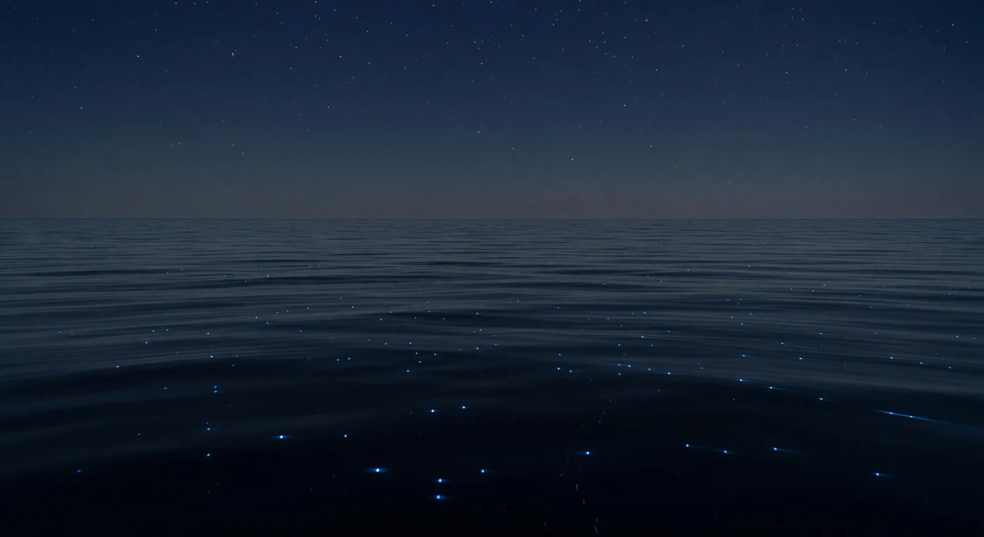 Numa noite tropical sem lua, a superfície do oceano existe por si mesma, como um limite vivo entre dois mundos. A camada de pele do mar — uma película de apenas alguns micrómetros de espessura — concentra matéria orgânica dissolvida, lípidos e micro-organismos numa densidade surpreendentemente maior do que a água logo abaixo, formando um ecossistema singular chamado neuston. São os dinoflagelados bioluminescentes, sobretudo espécies como *Noctiluca scintillans* e dinoflagelados do género *Pyrocystis*, que produzem aquelas centelhas azuis efémeras: quando perturbadas pelas mínimas corrugações capilares que percorrem a película escura, desencadeiam uma quimioluminescência mediada por luciferina e luciferase, uma defesa evoluída contra predadores que aqui se transforma em constelações fugitivas sobre o espelho negro. A pressão atmosférica paira sobre tudo como uma presença absoluta — exatamente 1 atm —, e as trocas de CO₂, oxigénio e calor entre oceano e atmosfera processam-se nesta interface em silêncio, governando ciclos biogeoquímicos de escala planetária. Sob o reflexo baço das estrelas, a coluna de água mergulha imediatamente em azul-negro profundo, e o oceano continua, vasto e indiferente, sem testemunha.