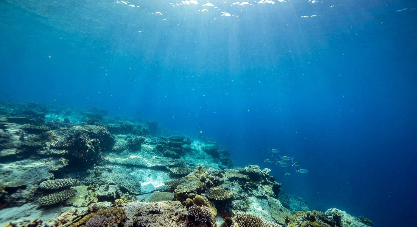 Nas águas tropicais rasas, a luz do sol penetra a coluna de água em feixes oblíquos que se ramificam e oscilam com cada ondulação da superfície, projetando uma trama luminosa e viva sobre a face íngreme do recife calcário — estrutura construída ao longo de milénios pela acumulação de esqueletos de corais hermatípicos, cujos polipeiros dependem directamente da fotossíntese das zooxantelas alojadas nos seus tecidos. A pressão, embora próxima da atmosférica nesta faixa superficial, já é suficiente para moldar os comportamentos de organismos pelágicos como os xaréus — carangídeos de corpo fusiforme e flancos prateados — que se mantêm em suspensão na orla azul-cobalto, explorando as correntes ascendentes junto ao declive para economizar energia e vigiar o espaço aberto em busca de presas. Partículas em deriva — fragmentos de fitoplâncton, excrementos, detritos orgânicos e grãos minerais arrancados ao recife — compõem a neve marinha nascente, principal vector de carbono que alimenta os ecossistemas mais fundos. Esta é a camada mais iluminada e biologicamente produtiva do oceano, onde a fotossíntese sustenta a base de toda a cadeia trófica marinha e onde a vida pulsa numa abundância invisível e silenciosa, indiferente a qualquer olhar.