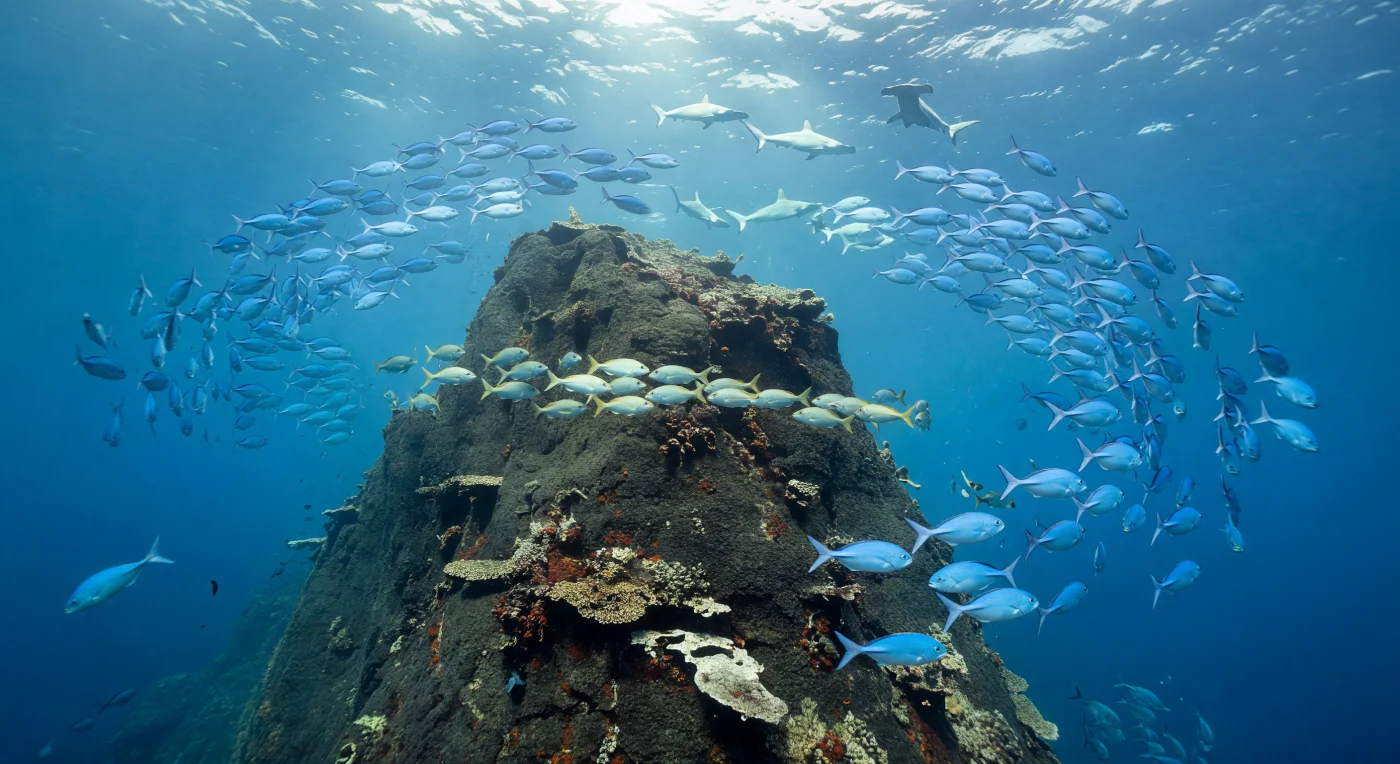Descendo em apneia ao lado de um pináculo vulcânico de basalto negro, o mergulhador testemunha uma das mais extraordinárias estruturas biológicas dos oceanos tropicais: milhares de xerelete-azul (*Caranx crysos*) formam um vórtex vivo ao redor do cume, seus corpos prateados sincronizados em rotação perfeita, transformando o cardume num único organismo pulsante guiado por hidrodinâmica coletiva e sinais laterais instantâneos. Nas águas mais claras acima, tubarões-martelo-entalhado (*Sphyrna lewini*) deslizam como sombras pálidas, seus cefalofólios largos captando os campos eletromagnéticos emitidos pelos peixes em movimento, predadores e presas suspensos num instante de equilíbrio precário sob raios de luz tropical que penetram a coluna d'água em feixes dourados. O pináculo — uma chaminé vulcânica erodida, coberta por algas incrustantes e corais esparsos — funciona como âncora ecológica, concentrando correntes ascendentes ricas em nutrientes que sustentam o plâncton visível em suspensão dourada por toda a cena. Pargos (*Lutjanidae*) mantêm posição tática logo acima da rocha, aproveitando a turbulência gerada pelo pináculo para emboscar presas menores, enquanto a pressão crescente e o silêncio absoluto da apneia revelam a vastidão azul-cobalto do oceano aberto ao redor — um ecossistema inteiro em equilíbrio tenso, momentaneamente congelado no instante antes da dispersão.