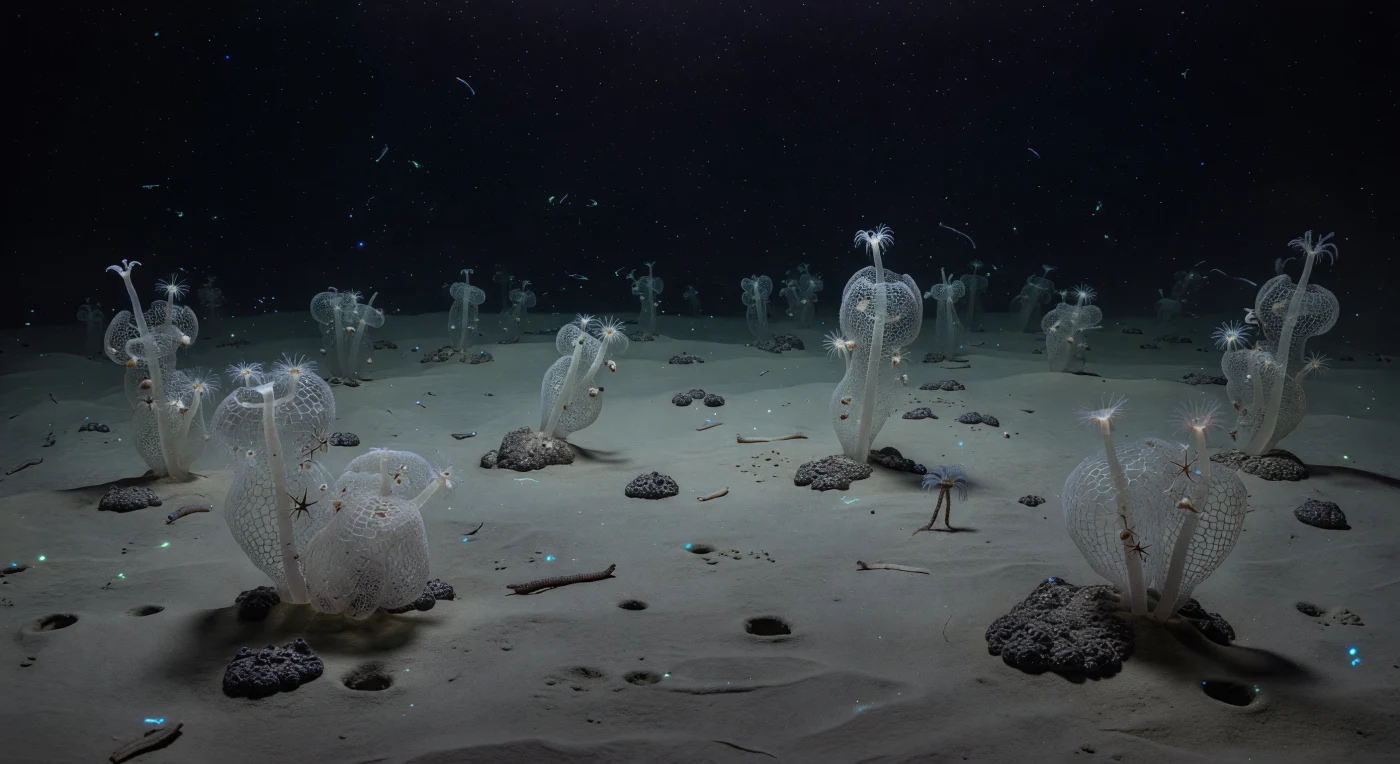 Nas profundezas compreendidas entre quatro e seis mil metros, a planície abissal estende-se como um deserto primordial de lama siliciosa pálida, pontuada por nódulos polimetálicos de manganês escuros como ilhas negras espalhadas por um chão imóvel e frio. Sobre esses substratos duros erguem-se esponjas de vidro de grande porte — Hexactinellida de estrutura reticulada em sílica, translúcidas e opalescentes — cujos corpos em forma de lanterna filtram a matéria orgânica suspensa que desce lentamente do oceano acima, numa chuva contínua de neve marinha que nunca cessa. Associadas aos nódulos mais próximos, anémonas sésseis, ofiuros frágeis e pequenos invertebrados incrustantes colonizam cada fragmento de substrato duro disponível, enquanto holoturianos lentos percorrem a lama deixando trilhos e casts fecais, e crinoides pedunculados aguardam imóveis as correntes de fundo de água fria que transportam partículas alimentares. A pressão ultrapassa quinhentas atmosferas e a temperatura ronda um ou dois graus Celsius, mantendo este mundo em suspensão permanente — estável, silencioso, escuro — iluminado apenas por breves centelhas bioluminescentes de organismos à deriva, ciâneas e verdes, que pulsam e se apagam na coluna de água negra sem qualquer testemunha.