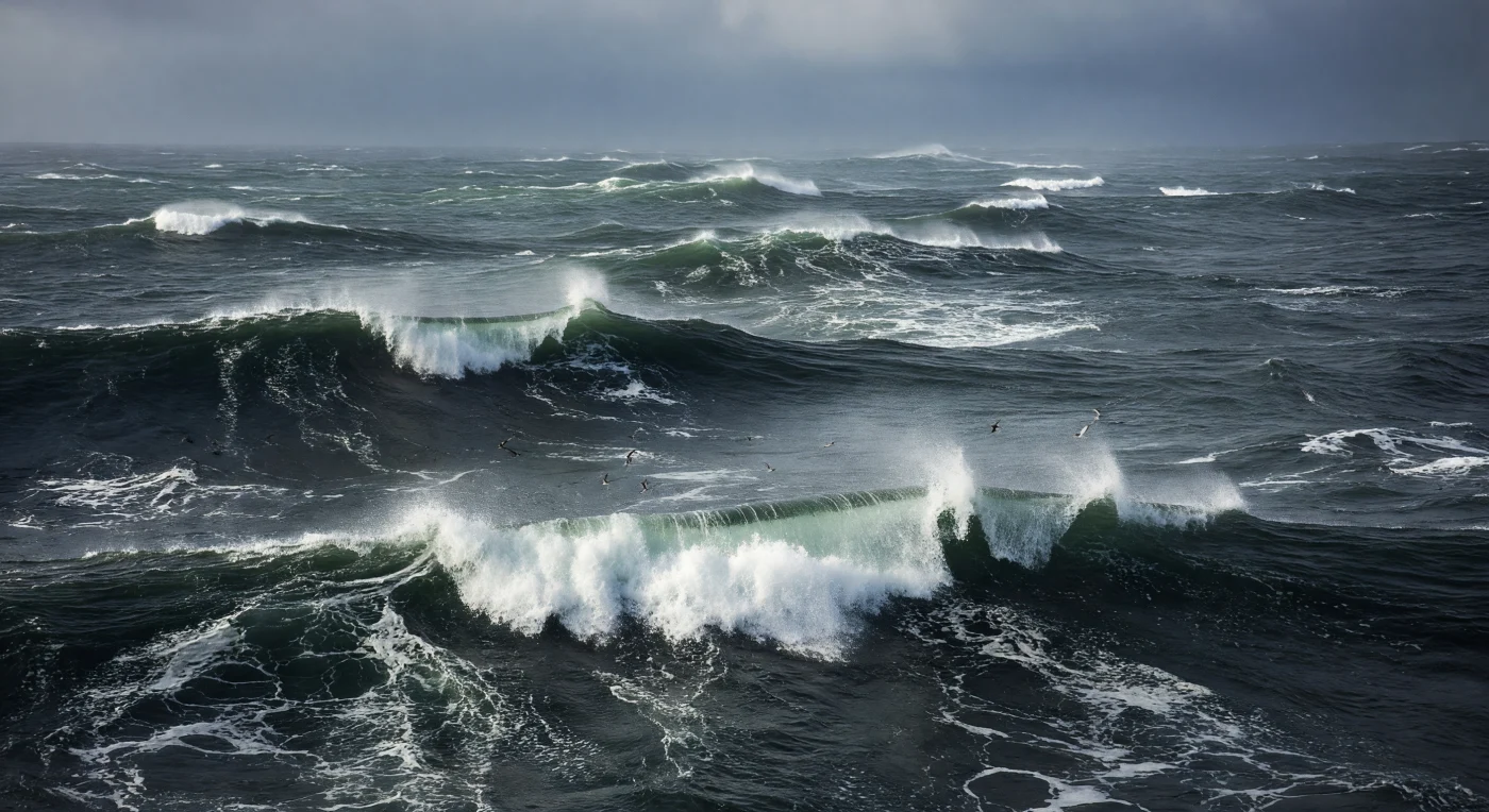Na superfície tempestuosa do oceano aberto, ventos de força de temporal impõem uma transferência brutal de momento entre atmosfera e mar, gerando ondas cruzadas com faces de ardósia azul e verde-ferroso cujas cristas se despedaçam em faixas de espuma arrastadas pelo vento a dezenas de metros. Os petréis-de-tormenta — *Hydrobates* spp. e afins — dominam este ambiente com uma mestria aeronáutica que os humanos apenas começaram a compreender: utilizando o gradiente de velocidade do vento junto à superfície através de um comportamento denominado *dynamic soaring*, estes pequenos Procellariiformes extraem energia cinética da interface ar-mar sem praticamente bater as asas, roçando a crista das vagas e mergulhando nos vales com asas arqueadas em foice escura, as patas por vezes aflorando a espuma como se caminhassem sobre a água — comportamento que lhes valeu o nome popular e a referência bíblica. Sob cada crista em colapso, nuvens de microbolhas injetadas pela rebentação elevam temporariamente a concentração de oxigénio dissolvido e produzem plumas leitosas que aprofundam rapidamente para um verde-negro translúcido e denso, enquanto a camada de microssuperfície — com apenas micrómetros de espessura — é continuamente destruída e reconstruída, funcionando como a principal membrana de troca de CO₂ entre oceano e atmosfera. A neblina de spray carrega aerossóis de sal que modificam a microfísica das nuvens acima, e a luz difusa do sol velado por estratos espessos ilumina cada filamento de espuma e cada gota suspensa sem sombra direcional, revelando a textura crua de um sistema que, na ausência de qualquer testemunha, continua a governar o clima do planeta.