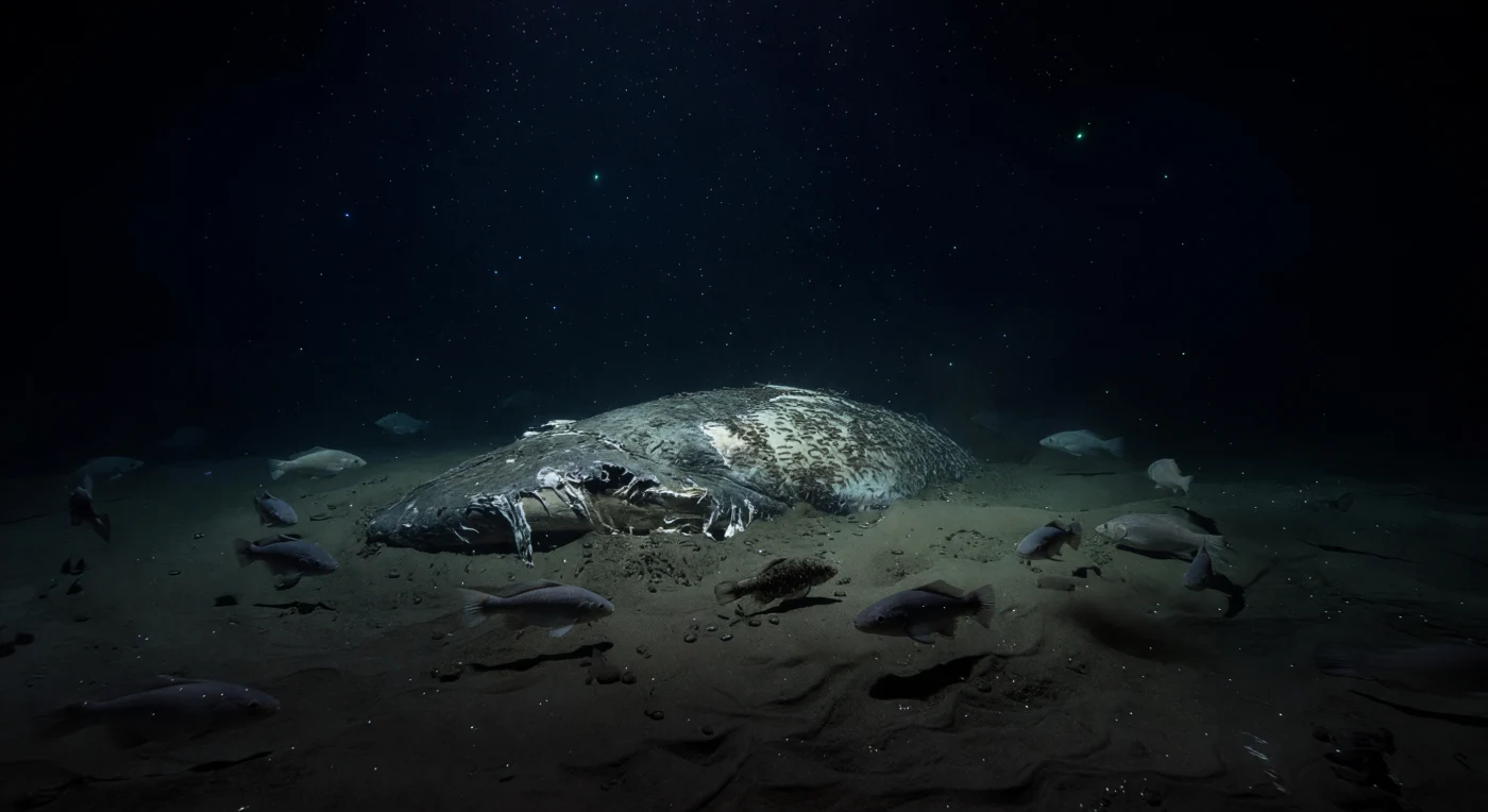 À frente da câmara fixa do lander, a carcaça de um cachalote repousa sobre o lodo escuro como um continente afundado, o seu corpo imenso banhado pelo único cone de luz LED fria que existe neste recanto do oceano — além desse perímetro iluminado, o mundo simplesmente deixa de existir. A pressão nesta coluna de água equivale a centenas de atmosferas, comprimindo tudo com uma constância absoluta, e a temperatura ronda os dois graus centígrados, preservando os tecidos gordurosos que ainda revestem o animal em camadas de sebo pálido e rasgado. Grenadeiros — *Coryphaenoides* sp. — deslizam na fronteira entre a luz e o nada, as suas caudas translúcidas desaparecendo no negro enquanto as suas cabeças pesadas captam por instantes o feixe do lander, num circuito lento e oportunista ditado pela detecção química de óleos e aminoácidos a difundirem-se pela coluna de água. Sobre as feridas abertas, anfípodes hiperdependentes formam carpetes vivos e frementes, cada indivíduo a escavar e consumir a blubber com uma eficiência coletiva que pode remover toneladas de biomassa em questão de dias — este é o primeiro acto de uma sucessão ecológica que durará décadas e sustentará centenas de espécies. A neve marinha faísca através do cone de luz como estática congelada, e algures para além do alcance do lander, pontos de bioluminescência azul-esverdeada piscam e apagam-se sem testemunhas, num escuro que existia muito antes de qualquer olho humano alguma vez ter descido até aqui.