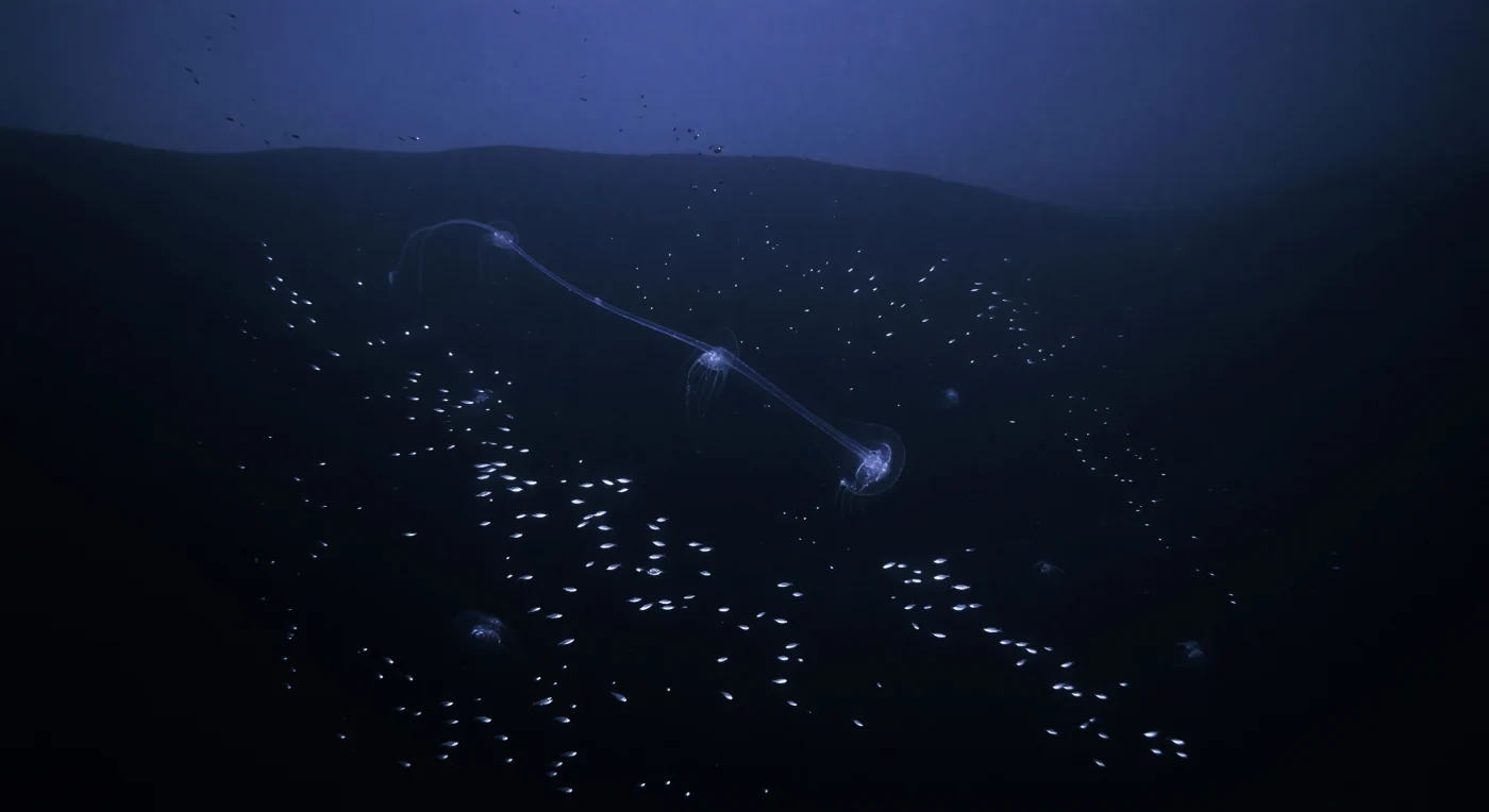 À medida que a crista do talude continental se dissolve em silhueta escura contra o azul profundo, a coluna de água acima dela converte-se numa vasta presença transparente sob uma pressão que supera os cinquenta atmosferas — cada partícula de neve marinha à deriva marcando, à sua maneira, a distância silenciosa até à superfície. Suspensa nesse crepúsculo cobalto, uma sifonófora gigante do tipo *Praya* ou *Apolemia* estende o seu caule gelatinoso em diagonal pelo volume de água, os nectóforos intermitentes captando a fraca luminosidade descendente como fragmentos de cristal abandonados na corrente, enquanto as estruturas filamentosas de alimentação se dissolvem progressivamente no escuro — um organismo colonial de vários metros que existe inteiramente como água organizada em forma de vida. A camada de dispersão profunda ascende lentamente, composta por pequenos peixes mesopelágiços e crustáceos cujos fotóforos e superfícies prateadas cintilam em relâmpagos frios e esporádicos, os primeiros lampejos bioluminescentes a percorrer a coluna como faíscas azul-brancas numa rede invisível de estímulo e resposta. Ctenóforos translúcidos pairam nas margens deste espectáculo, as suas filas de cílios fundindo iridescência espectral com a luz residual de uma forma que nenhum instrumento óptico concebido para o mundo aéreo conseguiria antecipar. Este é um mundo que existe sem testemunhas, governado pela geometria lenta da deriva, pela química da água fria e pela bioluminescência como única linguagem.