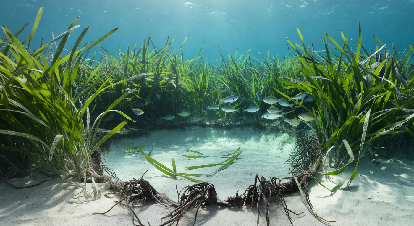 Sob poucos metros de coluna d'água, a luz do meio-dia atravessa a superfície em raios oblíquos e causticas dançantes, banhando um denso prado de *Posidonia oceanica* numa claridade azul-esverdeada que só existe nestes fundos rasos do Mediterrâneo. As longas fitas foliares ondulam em uníssono com a corrente costeira, ancorando um ecossistema de plantas com flor verdadeiras — organismos fotossintéticos enraizados no sedimento calcário, produtores primários e berçários de inúmeras espécies. No centro desta pradaria viva, uma cicatriz oval de areia crua rompe o manto verde: as margens abruptas expõem o matte fibroso, as raízes e rizomas de décadas ou séculos de crescimento lento — estruturas que *P. oceanica* pode demorar mais de um século a reconstituir, tornando esta ferida ecológica uma das mais duradouras do litoral mediterrânico. Ao longo da fronteira intacta do prado, juvenis de sargos prateados, labros jovens, um peixe-agulha enroscado entre as lâminas e camarões translúcidos concentram-se onde o dossel oferece proteção e alimento, enquanto fragmentos de folhas e neve marinha fina derivam livremente pela água iluminada — e minúsculas bolhas de oxigênio, subproduto da fotossíntese ativa, cintilam nas folhas ao sol como sinais silenciosos de um mundo que respira sem testemunhas.