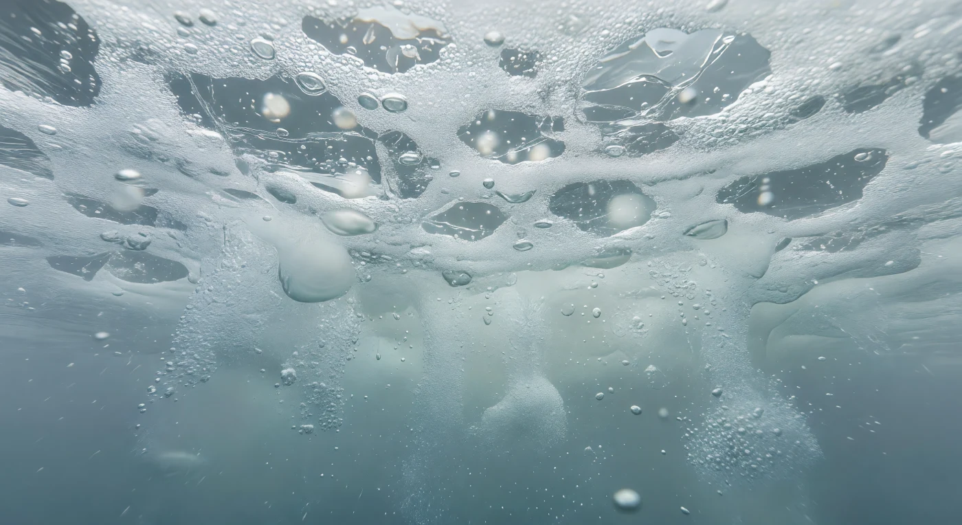 Sob a superfície ferida pela chuva, o oceano reorganiza-se em questão de milímetros: cada gota que perfura a interface ar-mar libera uma bolha de ar aprisionada que desce em véus translúcidos através da coluna de água, criando uma camada óptica e acústica única — o que os oceanógrafos chamam de *acoustic halo*, uma auréola de pressão sonora irradiada pela cavidade que se forma e colapsa no ponto de impacto. A superfície, vista de baixo, apresenta-se como uma abóbada porosa de espuma branca e membranosa, fragmentada por cráteres efêmeros que o olho mal distingue antes que a tensão superficial os reabsorva, enquanto a luz difusa de um céu encoberto atravessa as células abertas entre bolhas em clarões frios de ciano-pálido e azul-aço, sem profundidade cromática suficiente para alimentar fotossíntese além dos primeiros metros. A camada superficial micronica — o *sea-surface microlayer* — está aqui destruída e reconstruída em fração de segundo, com a chuva introduzindo água ligeiramente mais fria e menos salina que forma uma lente halocline fugaz a poucos centímetros de profundidade, alterando localmente a refração, a densidade e até a tensão superficial que governa as trocas gasosas entre oceano e atmosfera. Este é o limiar mais perturbado e mais fértil do mar: a zona onde o oxigênio entra, onde o CO₂ é absorvido, onde o ruído branco da precipitação mascara toda a acústica biológica abaixo, e onde a fronteira entre dois mundos se dissolve em espuma, ar e água fria — sem nenhuma testemunha além do próprio oceano.
