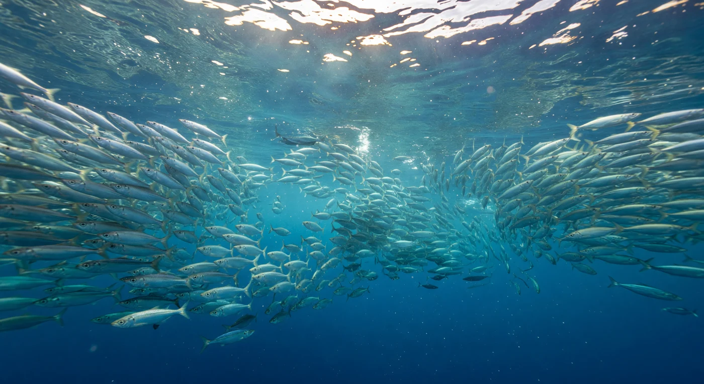 À superfície do oceano aberto, a poucos metros abaixo da linha de agitação das ondas, uma parede viva de sardines envolve o observador em todas as direções, pulsando em ondas coordenadas que alternam entre flashes prateados e sombras súbitas — um fenômeno conhecido como *flash expansion*, comportamento anti-predatório em que milhares de indivíduos respondem a ameaças em fração de segundo como um único organismo. A luz tropical atravessa a superfície recortada em raios precisos e bandas cáusticas que se projetam pela coluna d'água turquesa até se dissolverem num azul cobalto escuro lá embaixo, onde a temperatura cai abruptamente e a pressão começa a crescer — um lembrete de que este limiar luminoso entre o mundo aéreo e o abismo é, na escala oceânica, uma fina película. Golfinhos e atuns-de-barbatana-amarela cortam a massa prateada em passagens de caça limpas e explosivas, aproveitando a alta concentração de presas num evento clássico de *bait ball*, no qual predadores pelágicos de topo convergem de diferentes camadas para explorar a vulnerabilidade coletiva do cardume. Plâncton suspenso e microbolhas cintilam nos feixes de luz, evidenciando a riqueza produtiva da zona eufótica, onde a fotossíntese e a cadeia trófica se encontram na abundância — e onde a separação entre a superfície iluminada e a escuridão abissal se sente, aqui, ao alcance de uma braçada.