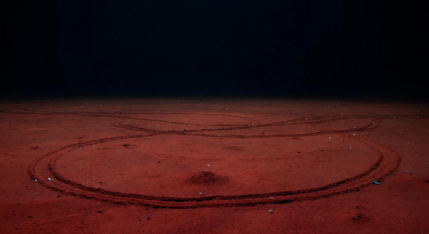 Na planície hadal da Sirena Deep, a mais de dez mil metros abaixo da superfície do Pacífico ocidental, uma vasta bacia de sedimento vermelho-compacto estende-se em silêncio absoluto até se dissolver na escuridão total. As longas sulcos de alimentação que percorrem a lama em arcos suaves revelam a presença persistente de isópodes e anfípodos hadais — crustáceos altamente especializados, capazes de suportar pressões superiores a mil atmosferas, que vasculham continuamente a superfície do ooze em busca de matéria orgânica sedimentada desde as camadas superiores do oceano. Nenhuma luz solar alcança esta profundidade há milénios; o que existe aqui é apenas a frieza química da escuridão permanente, pontuada por brevíssimos pulsos de bioluminescência azul-ciano produzidos por organismos minúsculos que derivam próximos do fundo, sem nunca formarem mais do que um clarão efémero sobre o sedimento ferruginoso. A neve marinha desce lentamente através da coluna de água, transportando carbono orgânico e sustentando todo este ecossistema isolado, enquanto as montículos baixos de xenofiófaros — os maiores organismos unicelulares conhecidos — emergem quase imperceptivelmente da planura austera. Este é um mundo que existia muito antes de qualquer testemunha, e que continuará a existir em silêncio primordial muito depois.