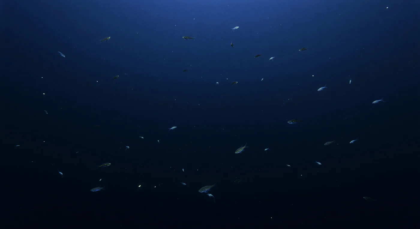 Between roughly two hundred and one thousand metres below the surface, the last residual photons of daylight compress into a cold, narrowing gradient — cobalt fading through deep indigo into a darkness so complete that pressure itself seems to acquire colour. This is the twilight zone, where ambient light fails not in an instant but across hundreds of metres of slow extinction, and where the organisms suspended within it have evolved an extraordinary counter-language of living light. Lanternfish carry orderly rows of photophores along their flanks, producing blue-green sparks that serve as counterillumination against the faint downwelling glow above, effectively erasing their silhouettes from predators hunting from below. Viperfish hang in the water column like living needles, their minute ventral lights and lure-like photophores pulsing at intervals measured in silence, while transparent crustaceans and planktonic shrimp drift through the marine snow — a slow vertical rain of organic particles descending from the productive surface far above — each particle a calorie, each calorie contested. At these depths the water column exerts pressures exceeding twenty atmospheres, cold hovers near four degrees Celsius, and no solar photon has sufficient energy to drive photosynthesis, yet the zone teems with biomass constituting what researchers estimate may be the largest daily animal migration on Earth, as countless organisms ascend each dusk and retreat each dawn through this very gradient of vanishing blue.