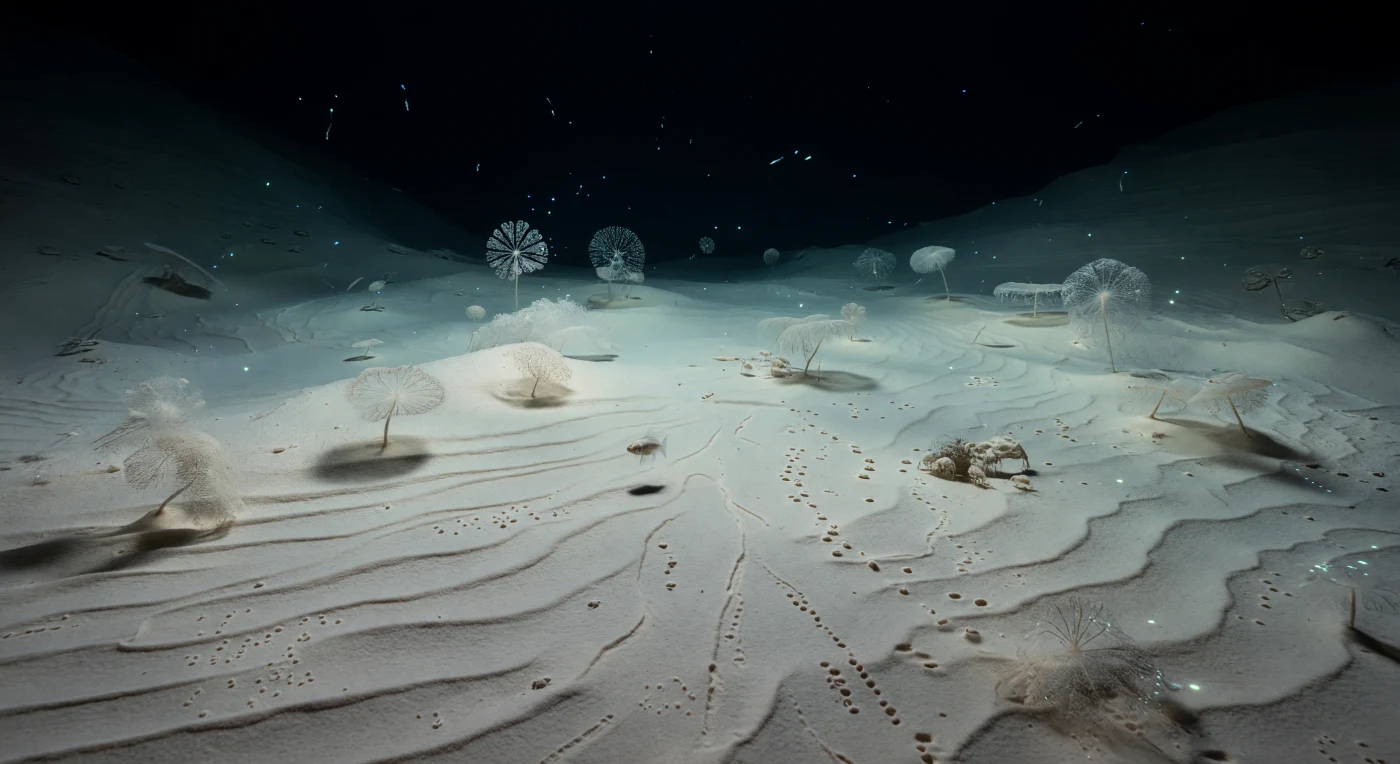 At the very bottom of the world's deepest known point, beneath roughly 1,100 atmospheres of cold, still Pacific water, the hadal floor of Challenger Deep spreads outward in pale cream-colored sediment sculpted by imperceptible currents into delicate ripple fields — a landscape shaped not by violence but by the slow, patient work of deposition and biology over geological time. The soft mud is alive with evidence of its inhabitants: meandering furrows trace the paths of unseen deposit feeders, pellet strings mark where organic matter has passed through small bodies, and tiny burrow openings punctuate the surface where meiofaunal and macrofaunal organisms process the thin rain of marine snow that drifts down from sunlit waters more than ten kilometers above. Giant xenophyophores — single-celled foraminifera among the largest individual cells known to biology — rest like fragile translucent rosettes across the sediment surface, their lacy architectures half-veiled in fine silt, while a hadal snailfish, Pseudoliparis sphyraenops or kin, drifts in extraordinary stillness just above the floor, its body adapted at the molecular level — piezolyte-stabilized proteins, highly unsaturated membranes — to function where no vertebrate physiology should reasonably persist. Small pale amphipods congregate around a fragment of sunken organic matter partly swallowed by the mud, scavengers fulfilling their role as hadal recyclers in a darkness punctuated only by rare cold bioluminescent flickers from drifting organisms, the entire scene pressing inward with immense silent pressure, untouched and indifferent to any witness.