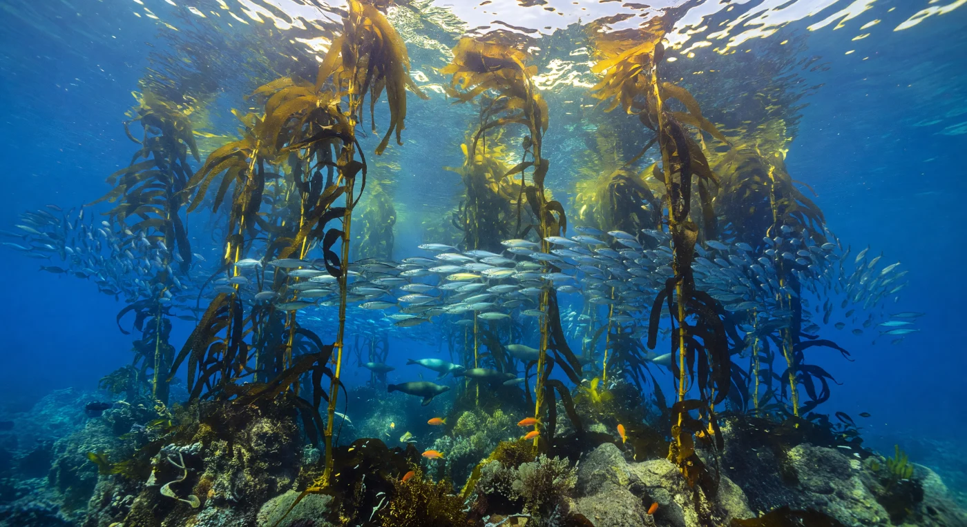 At the seaward edge of a California giant kelp forest, Macrocystis pyrifera rises from coralline-encrusted boulders in great flexible columns, their pneumatocyst-buoyed fronds gathering into a shimmering canopy just below the surface — a living architecture that can grow more than thirty centimeters in a single day under ideal conditions. Sunlight descends through this upper canopy in shifting caustic nets and blue-green shafts, fracturing into gold highlights along the bronze stipes and cooler teal shadow in the midwater, while fine suspended plankton drift through water both nutrient-rich and oxygen-saturated, fed by the cold coastal upwelling that makes this system among the most productive on Earth. Along the forest's outer face, a dense shoal of Pacific sardines — Sardinops sagax — executes a single synchronized arc, thousands of laterally flattened bodies turning in unison, their guanine-crystal scales flashing mirror-bright in a collective antipredator display that transforms individual fish into one cohesive sheet of liquid silver. California sea lions, Zalophus californianus, cut beneath the sardine mass in near-silent torpedo passes, dark fusiform bodies flickering through cold shafts of filtered light as they exploit the confusion effect at the shoal's edge, while garibaldis hover in territorial amber near the holdfast zone below. This reef fringe — where structured kelp architecture dissolves into open cobalt water — concentrates predator and prey in a dynamic boundary layer shaped entirely by sunlight, cold Pacific currents, and the patient geometry of algae rooted in stone.