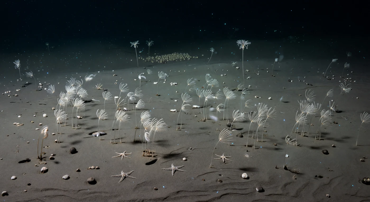 At depths where pressure exceeds 400 atmospheres and water temperatures hover near 1–2 °C, the abyssal plain unfolds as one of Earth's most expansive yet least-witnessed landscapes — a near-level expanse of siliceous and calcareous mud stretching beyond any perceivable horizon, its surface gently sculpted by current ripples and punctuated by faint burrow openings, scattered polymetallic nodules, and the minute fecal castings of invertebrates processing sediment grain by grain. Here, a colony of pale pennatulaceans rises from the soft substrate, their translucent stems and feathered fronds inclined uniformly by a slow thermohaline-driven near-bottom flow, while brittle stars lie draped low against the sediment and a stalked crinoid anchors itself to a nodule's hard surface some distance back — each organism an exquisite solution to life under crushing pressure and near-total food scarcity, sustained almost entirely by the rain of marine snow descending from the sunlit world thousands of meters above. In the absolute darkness, bioluminescent motes flicker intermittently in cold cyan and dim green — metabolic signals, defensive flashes, or chance chemical reactions — briefly edging the sea pen fronds and illuminating drifting floc as it moves silently between the colony's stems. This is an ecosystem running on geological patience, where every particle settling onto the sediment surface, every organism's slow metabolism, and every current's imperceptible push constitute the full measure of a world that has never required light, warmth, or witness to persist.
