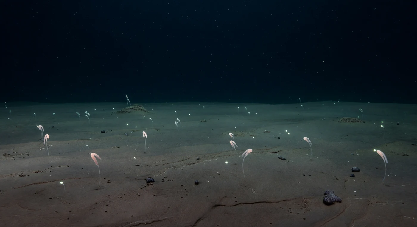 At four to six thousand metres below the surface, where hydrostatic pressure reaches forty to sixty megapascals and bottom-water temperatures hover near one to two degrees Celsius, the abyssal plain unfolds as an almost perfectly level terrain of calcareous and siliceous ooze — the accumulated slow rain of planktonic remains, settling over millions of years onto ancient oceanic crust. Sea pens, colonial octocorals of the order Pennatulacea, rise at wide intervals from the soft sediment, each one anchored by a muscular peduncle buried in the mud, its rachis angled consistently by the weak abyssal boundary-layer current that skims this lightless floor; their ghost-white and faintly peach-translucent tissues represent extraordinary biochemical adaptation to crushing pressure and near-freezing cold, with enzyme systems tuned for function where no sunlight has ever reached. Scattered across the surrounding sediment, faint fecal casts and burrow openings betray the invisible industry of holothurians and polychaetes working through the ooze, while manganese nodules — concretions built over millions of years around nuclei of bone or shell fragment — sit half-buried as dark spheres at the sediment surface. Fine marine snow drifts continuously downward through the water column above, each particle a fragment of surface productivity that has traveled weeks to arrive here, carrying the only meaningful flux of organic energy into this cold, pressurized desert. Occasional bioluminescent pulses from drifting zooplankton and small benthic organisms briefly outline the nearest sea pen quills against the ink-dark void, a world complete and ancient in its silence, utterly indifferent to any witness.
