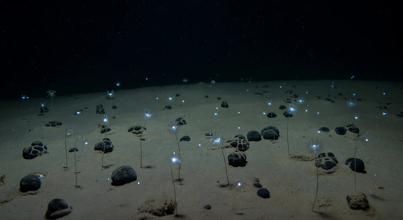 Across the abyssal plain at depths approaching five kilometres, the seafloor unfolds as an almost featureless expanse of pale grey-brown mud, its surface broken only by the scattered presence of polymetallic nodules — black, matte, manganese-rich concretions that have grown at rates of mere millimetres per million years, accreting layer by layer around shark teeth or foraminiferal tests buried in the sediment. Under pressures exceeding 500 atmospheres and in water hovering near 2 °C, a colony of sea pens rises with improbable delicacy from the fine ooze between nodules, their stalks anchored in sediment so undisturbed that the faintest benthic current is enough to incline them gently in unison; a handful of open polyps extend their feathered tentacles into water laden with descending marine snow — the slow rain of organic particles from the sunlit world thousands of metres above, the primary nutritional lifeline for virtually all life down here. Along the translucent tissue of several polyps, pulses of blue-cyan bioluminescence travel in quiet waves, a chemical language whose function — defence, predator deterrence, or intracolonial signalling — remains incompletely understood, the faint light tracing living architecture against a background of charcoal nodules and ashen mud. This is the Clarion–Clipperton-style abyss in its undisturbed state: one of the largest and most biologically fragile ecosystems on Earth, existing in total darkness, in crushing cold, in a silence so complete that the slow drift of a single marine-snow particle through still water constitutes an event.