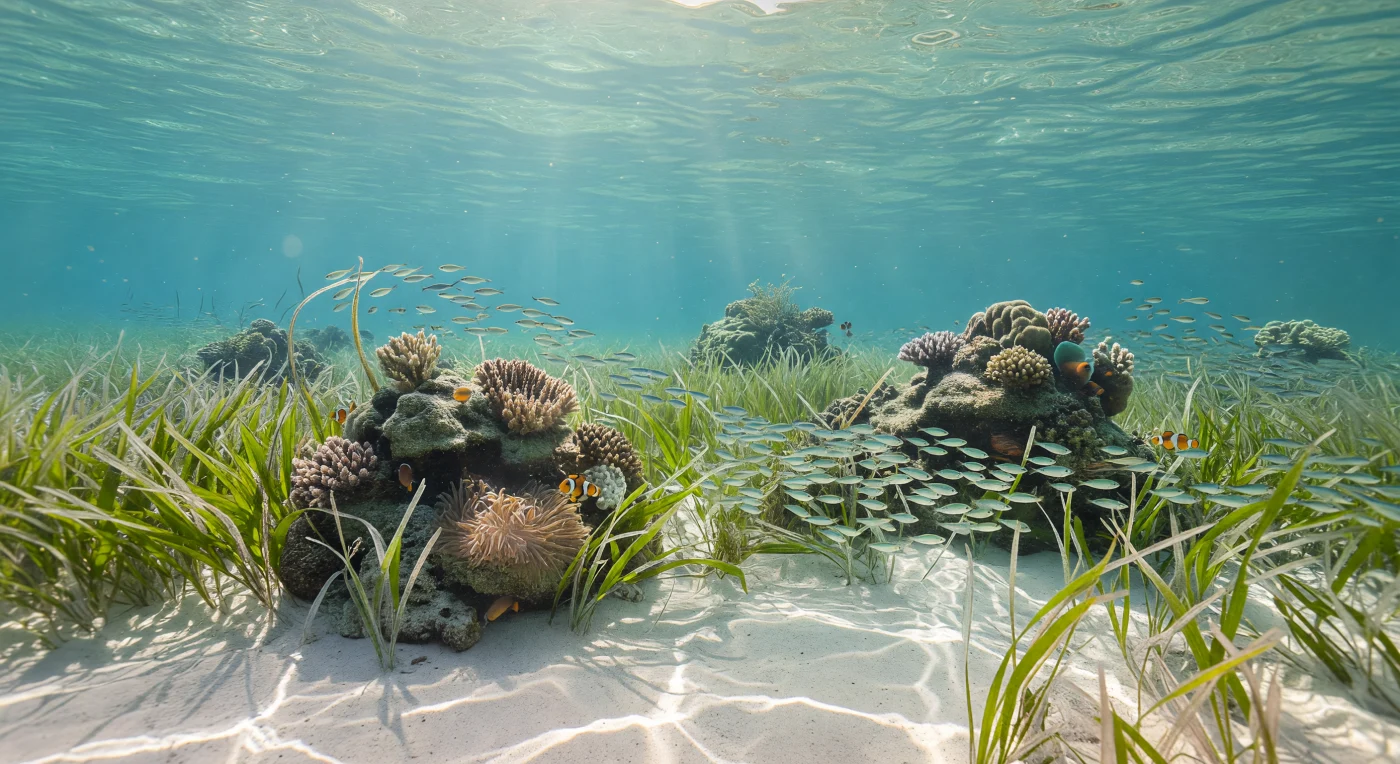 In the shallows of this sunlit lagoon, long blades of turtle grass (*Thalassia testudinum*) sway in a gentle tidal current, their translucent green surfaces catching the full spectrum of tropical light that pours unimpeded from the surface just two to five meters above. At this negligible depth, pressure barely exceeds one atmosphere, and virtually no wavelength of sunlight is lost — warm golds, vivid greens, and piercing blues all reach the sandy substrate simultaneously, generating shifting cautic nets and god rays that sweep continuously across ripple-marked carbonate sand and the rugose limestone flanks of isolated coral heads. Isolated massive corals rise from the meadow floor like self-built citadels of calcium carbonate, their polyp surfaces alive with zooxanthellae-driven photosynthesis, while gorgonian fans stream in the passing water and a sea anemone shelters a pair of clownfish (*Amphiprioninae*) among its nematocyst-armed tentacles. At the meadow's edge, a polarized school of juvenile fish — their silvery scales functioning as adaptive mirrors that confuse visual predators — pivots and flashes as a single liquid entity in the brilliance, while a parrotfish (*Scaridae*) methodically rasps algae and coral tissue with its fused beak-like teeth, excreting the fine white carbonate sand that carpets the lagoon floor beneath them. This mosaic of seagrass, coral, and open sand is one of the most productive and biodiverse ecosystems on Earth, a place where sunlight is so abundant it becomes the very architecture of life, and where the reef exists in full, elaborate expression entirely on its own terms.