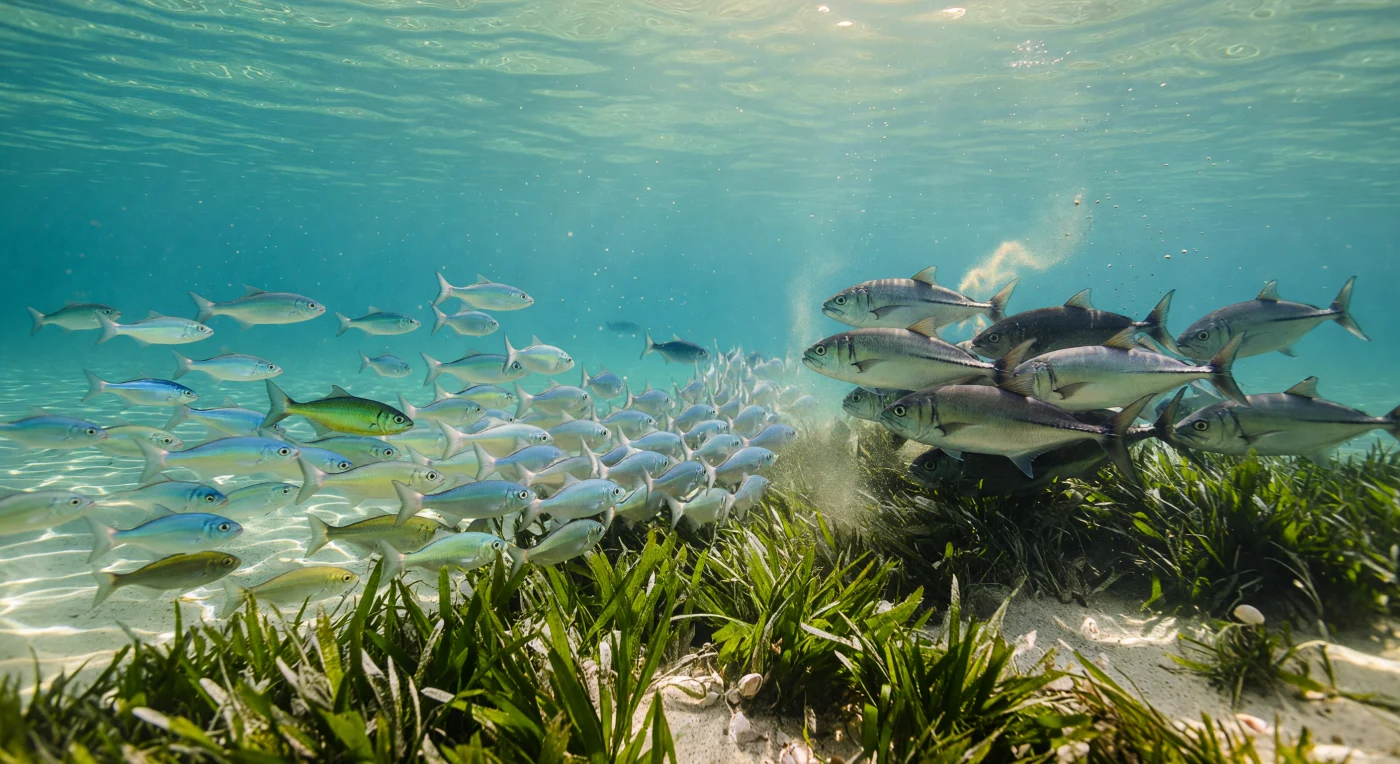The water here is warm, alive, and almost weightless — barely a metre of sun-drenched column separates the snorkeler's mask from a seagrass meadow whose olive-green blades sway in the gentle surge, anchoring sediment, sheltering invertebrates, and exhaling oxygen into the illuminated shallows. Without warning the loose shoal of juvenile mullet ahead undergoes a phase transition, each fish abandoning individual movement to join a single polarised entity: thousands of bodies align in milliseconds, scales flashing chrome and pale blue as the group collapses into a dense, mirror-bright ribbon — a collective anti-predator response known as flash expansion and compression that confuses a predator's ability to single out one target. The trigger is already visible: two giant trevally (*Caranx ignobilis*) erupt from the darker meadow edge in a coordinated ambush burst, their torpedo-shaped, slow-twitch and fast-twitch muscle architecture optimised for exactly this explosive acceleration, metallic charcoal backs catching the caustic light as displaced sediment wisps drift upward like pale smoke. At this negligible depth, pressure is barely above atmospheric, sunlight still peaks above 400 µmol photons m⁻² s⁻¹, and the water column functions as a transparent arena where visual predation dominates — every refracted god ray, every suspended sand mote, every flicker of silver scale is both beauty and mortal information.