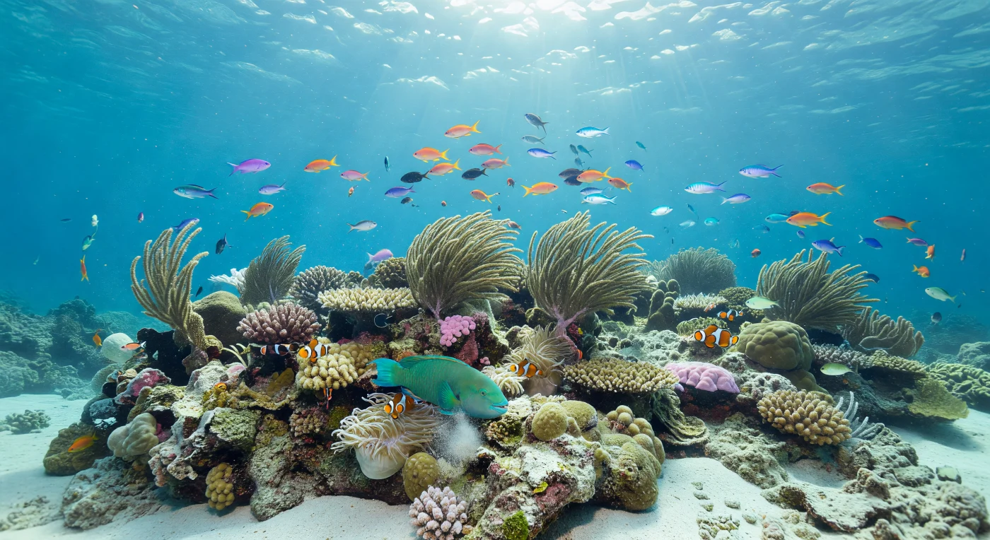 At the crest of an open-ocean seamount, where the carbonate platform rises to within ten or twenty meters of the surface, full-spectrum tropical sunlight pours through the rippled interface above and shatters into shifting god rays and dancing caustics across every encrusting surface below. The reef structure here is a dense mosaic of low mounded hard coral colonies, crustose coralline algae staining the limestone in dusty rose and lavender, and knobby ledges worn smooth by a persistent unidirectional current that combs every gorgonian and sea fan into elegant, polyp-bristled arcs — each tiny filter-feeding animal extended into the flow, drawing plankton from a thin living haze that softens the otherwise crystalline blue-green column. Above the reef crest, dense flickering clouds of anthias and chromis hang suspended in the sunlit water, their scales catching and releasing light in shifting silver-orange pulses, while at reef level a stout parrotfish methodically scrapes the carbonate substrate with its fused beak, releasing faint plumes of biogenic sand that drift slowly downslope. In sheltered pockets between coral heads, sea anemones anchor themselves among the living rock, their tentacles swaying in the residual current while clownfish dart in tight orbits around them — a relationship shaped by millions of years of co-evolution on precisely these sunlit carbonate summits, far from any shore, in water that has never been anything but wild.