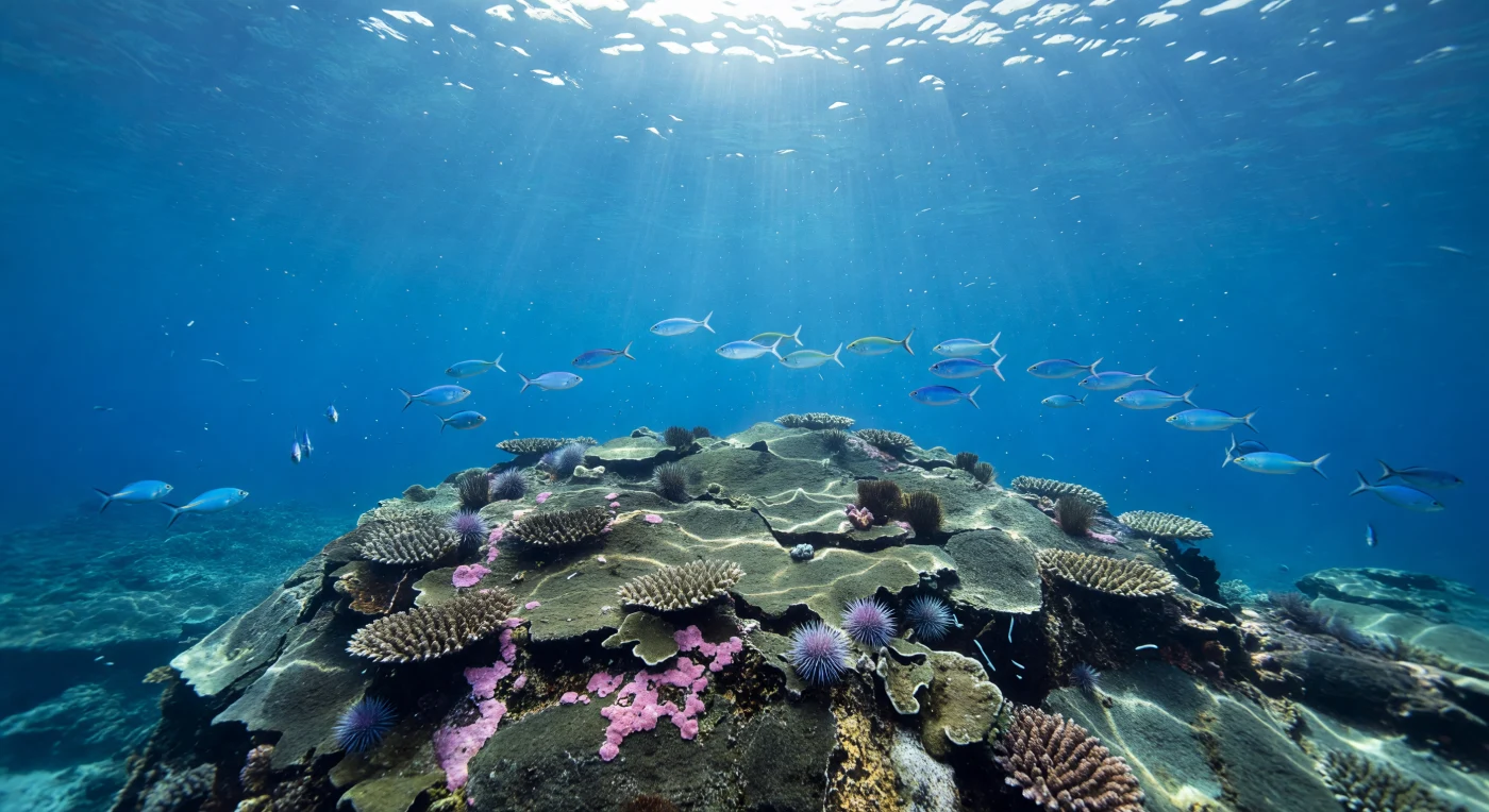 Sunlight pours down through the shallow water column in broad, shifting curtains, fracturing across the dark basalt of a seamount summit into shimmering caustic lattices that dance over pink coralline algae and the spines of lodged sea urchins. This is the epipelagic zone, where photosynthesis drives the ocean's primary productivity and pressure remains low enough — barely two atmospheres at ten metres — for complex, light-dependent communities to flourish directly on volcanic rock thrust up from the deep seafloor. The summit acts as an oasis in open water, concentrating nutrients in upwellings deflected by the ridge and attracting a loose, circling school of fusiliers whose silver-blue flanks catch and scatter the sunlight with each banking turn. Beyond the crest, the water column opens into saturated cobalt, colour deepening as suspended plankton and fine particulates drift freely in the current, each cell and fragment a living thread in the ocean's great photosynthetic engine. This place exists in unbroken continuity — lit, pressured, swept by current, and utterly indifferent to any witness.