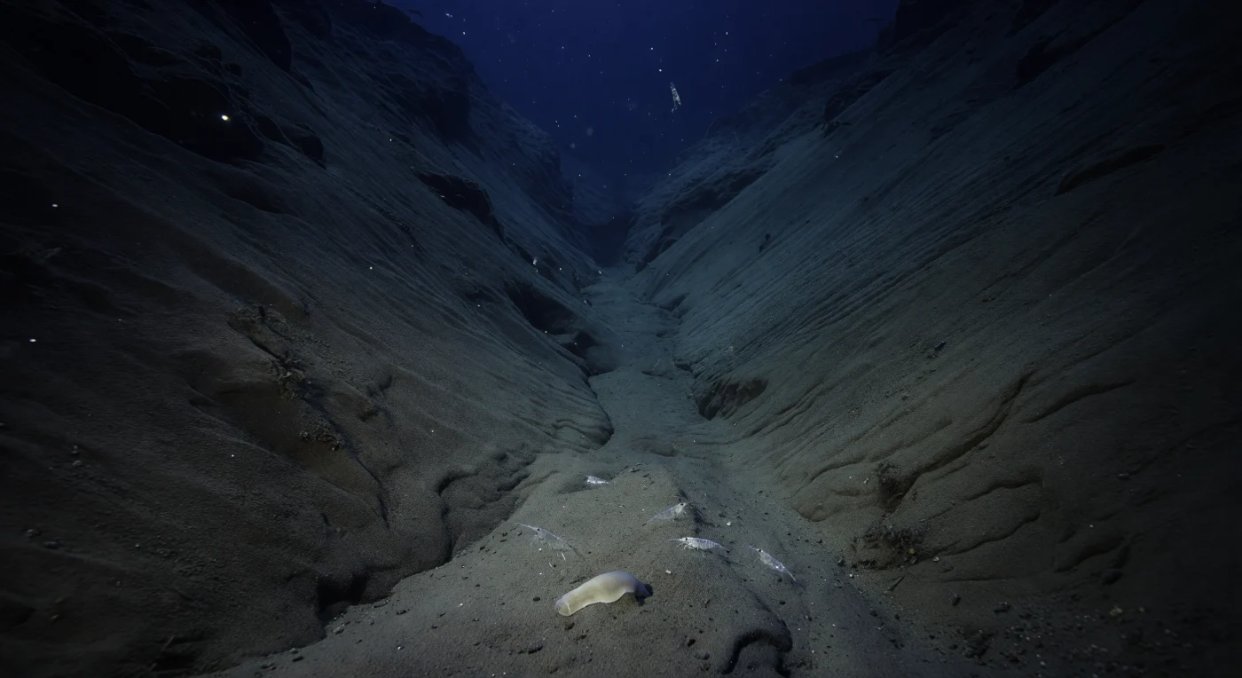 At 910 meters on the continental slope, where pressure exceeds 91 atmospheres and temperatures hover near 4–6°C, a steep sediment chute descends like a narrow geological wound cut into the soft muds of the upper-to-middle slope. This dynamic corridor channels downslope gravity flows and turbidity currents that periodically flush the system, leaving behind fresh slump textures, delicate erosion rills, and a nepheloid layer of resuspended particles drifting in a gentle cross-current just above the seafloor. A small holothurian — a sea cucumber adapted to life at extreme pressure — rests motionlessly on the gray-brown sediment, its soft, translucent body processing the organic detritus that continuously rains down from the sunlit surface far above as marine snow, the principal energy currency of this lightless world. Benthopelagic shrimp, their bodies near-transparent and reflective as glass, hover just above the sediment boundary, occupying the transitional niche between the water column and the benthos that characterizes this mesopelagic-to-bathyal transition zone. The last traces of downwelling blue light from the surface dissolve somewhere far above, leaving only the cold pinpoint bioluminescence of drifting plankton to punctuate the darkness — a world of immense silence, relentless pressure, and continuous slow motion that has persisted entirely without witness.