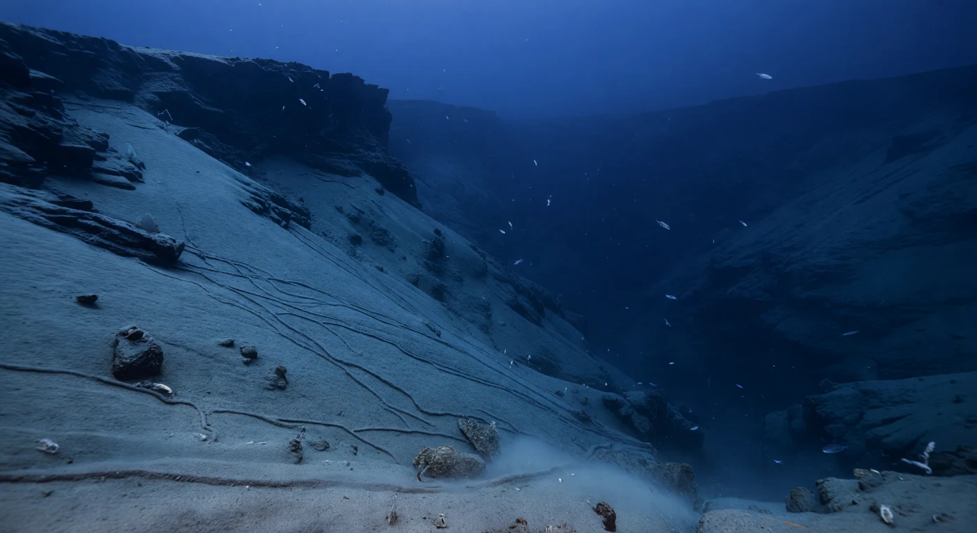 At roughly 220 metres, the continental shelf break marks one of the ocean's great topographic thresholds — the point where the gently inclined shelf abruptly surrenders to the steepening slope, and sunlight begins its final, losing struggle against depth. Here, in the upper mesopelagic, pressure already exceeds 22 atmospheres, and the residual solar radiation filtering down from the surface arrives as a dim, diffuse cobalt wash, attenuated to perhaps one percent of its surface intensity, stripping away warmer wavelengths and leaving only blue. The canyon wall descends in a steep diagonal of pale bluish-grey silt, its surface sculpted by narrow gullies, faint slump scars, and occasional dark rock outcrops — evidence of episodic gravity flows and the slow creep of sediment downslope under the influence of contour currents and the slope's own incline. A thin nepheloid layer clings close to the sediment surface, a suspension of resuspended particles stirred by near-bottom currents, while above it sparse marine snow drifts in slow, undeflected descent — the ceaseless rain of organic aggregates, fecal pellets, and diatom fragments that links the sunlit surface to the deep. Transparent medusae and small silvery mesopelagic fish hang as delicate silhouettes in the water column, adapted to this perpetual monochromatic dusk, while deeper in the canyon's shadow a handful of cold blue-white bioluminescent points pulse without witness — chemical light produced by organisms that have never needed the sun, in a world that has always existed in perfect indifference to our own.