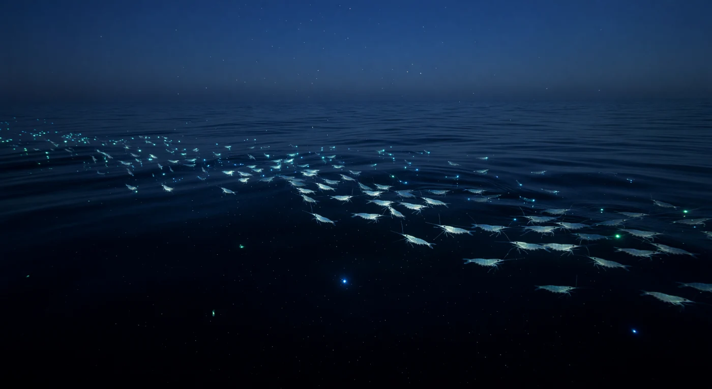 Between roughly 200 and 1,000 metres beneath the surface, the last residual photons of sunlight fade from dim blue to near-extinction, and yet the ocean here is not dark in any simple sense. A band of mesopelagic shrimp — likely sergestids or euphausiid-relatives — arcs through the water column on an invisible current, their translucent bodies almost indistinguishable from the surrounding blue-black until, triggered by some chemical or mechanical cue, their ventral photophores and luminous secretions detonate in asynchronous bursts of cold blue-green light, stitching a trembling seam across the void. At this depth, ambient pressure exceeds twenty atmospheres, marine snow drifts perpetually downward, and bioluminescence is the dominant form of illumination — produced not by any external source but by the organisms themselves through luciferin-luciferase reactions, used variously for counterillumination camouflage, predator deterrence, and intraspecific signalling. The sparse, glinting particles suspended in the water column are testimony to the biological pump, the slow rain of organic matter that connects this twilight world to the sunlit layers far above. Here, in total solitude, the ocean generates its own constellations — brief, purposeful, and utterly indifferent to any witness.