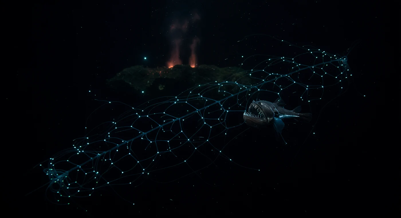 In the permanent darkness between one and four kilometers down, where pressure exceeds two hundred atmospheres and cold seawater hovers near two degrees Celsius, a siphonophore — not a single animal but a superorganism of coordinated zooids — suspends itself across the open water column like a living constellation, each nectophore and dactylozooid emitting soft blue-green photophores that collectively form a luminous geometric lattice, a passive trap evolved over millions of years to lure and snare whatever drifts within reach. Chauliodus sloani, the viperfish, positions itself just beyond this bioluminescent architecture in near-perfect ambush stillness, its elongated body barely distinguishable from the surrounding blackness, its needle-like fang teeth — proportionally the largest of any fish relative to head size — catching only intermittent cold cyan sparks from nearby zooplankton flashes and the siphonophore's own glow. Marine snow descends continuously through the water column in this zone, mineral particles and organic aggregates drifting like slow debris through a world where there is no sunlight, no season, and no surface rhythm, only the sporadic logic of bioluminescent deception and sudden predation. Far below in the background, a hydrothermal vent province exhales a faint chemiluminescent haze above fresh basalt, its reduced sulfur compounds supporting chemosynthetic communities entirely independent of photosynthesis, a reminder that energy in the deep ocean flows through pathways the sunlit world knows nothing of. This is a cold, pressurized, ancient darkness that functions with complete indifference to observation — a predator and its trap suspended in black water, waiting in a silence that has no need of witnesses.