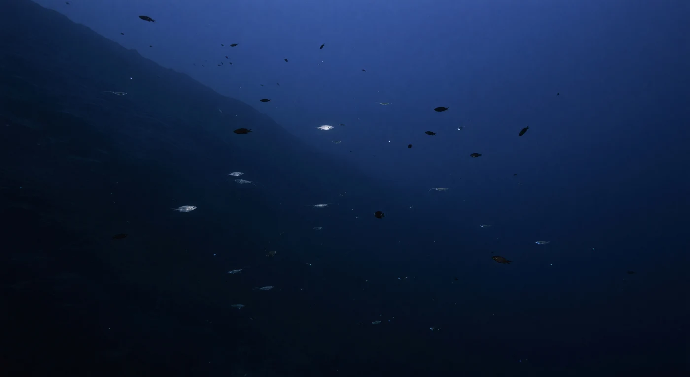 At roughly 400–500 meters along the flank of a continental slope, the last attenuated threads of sunlight filter down as a cold, monochromatic cobalt glow that dissolves into blue-black long before it reaches the sediment below. The slope itself rises as a vast charcoal plane, its surface softened by distance and the slow accumulation of marine snow — particles of organic detritus that drift continuously downward, carrying the chemistry of the sunlit world into these pressurized depths where water temperatures hover near 4–8 °C and pressures exceed 40 atmospheres. Against this dim backdrop, lanternfish — myctophids no longer than a finger — hang in the open water column, their silvered flanks catching just enough residual light to render them as fleeting mirror-flashes before they angle back into near-invisibility, their photophore rows dark and latent for now. Sergestid shrimps drift alongside them, their bodies so nearly transparent that only refractive edges, thread-fine antennae, and the dark punctuation of compound eyes betray their presence, with an occasional cool blue-green bioluminescent pulse flickering somewhere deeper in the haze. This is a world of exquisite biological economy, where every adaptation — mirror scales, transparent tissue, counterillumination — has been refined over evolutionary time to navigate the perpetual negotiation between being seen and remaining invisible in a realm that has never needed witnesses.