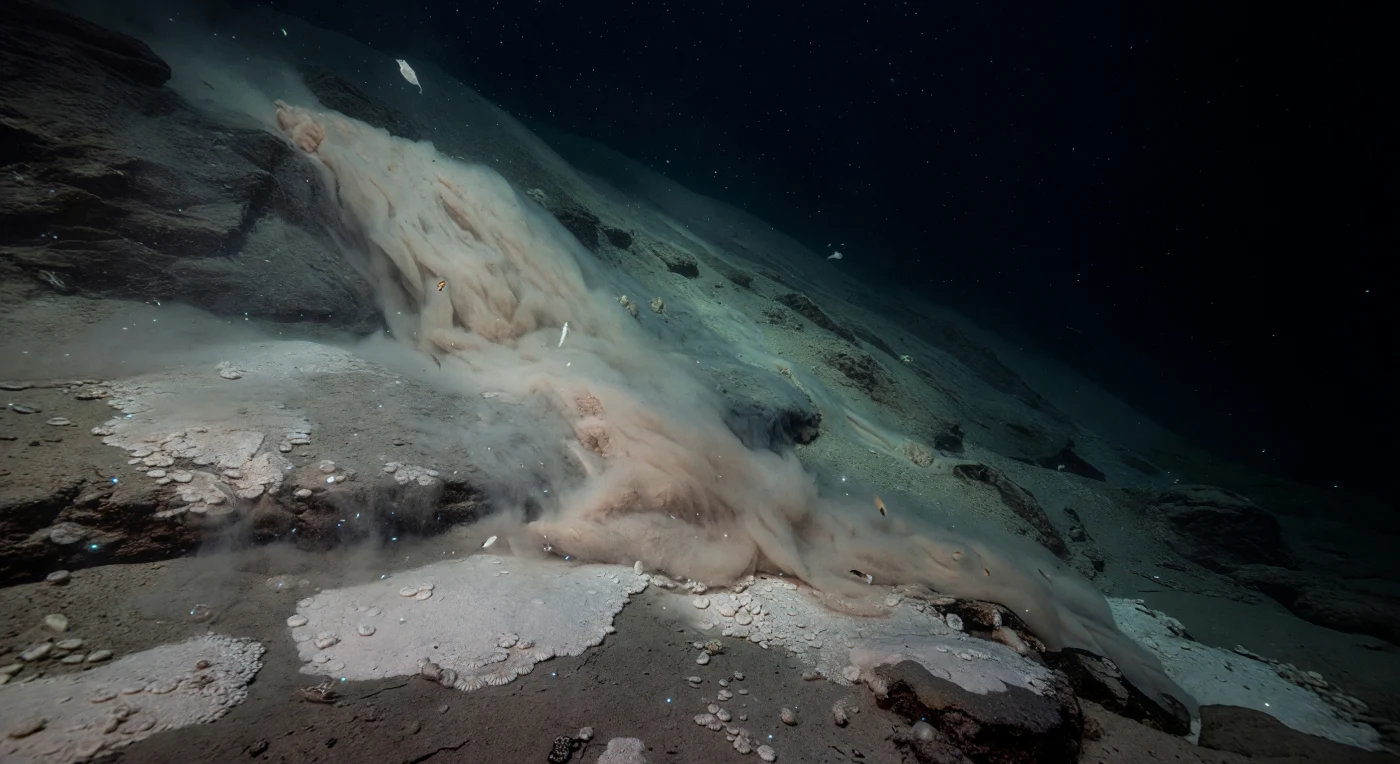 At nearly eleven kilometers beneath the surface, where hydrostatic pressure crushes water itself into a denser, marginally altered phase at roughly 1,100 atmospheres, a fresh sediment slump moves in slow, inexorable silence down the hadal incline of the Mariana Trench's deepest basin. The beige-white turbidity sheet rolls over fractured basaltic ground like powdery silk, partially entombing fields of giant xenophyophores — those extraordinary single-celled organisms that can exceed ten centimeters and represent some of the largest individual cells known to biology — along with pale foraminiferal aggregates that have accumulated across millennia of marine snow fall from waters six miles above. Suspended within the drifting sediment cloud, scattered sparks of cyan and blue-green bioluminescence flicker briefly into existence as disturbed hadal fauna respond to the disruption, their chemical light catching resuspended silt particles and tracing the moving front of the flow without illuminating anything beyond its immediate source. A ghostly snailfish — likely *Pseudoliparis swirei*, the deepest-dwelling vertebrate known to science, its translucent body adapted to pressures that would collapse the gas spaces of any untreated surface organism — hovers at the furthest margin of perception, its pale musculature barely resolved against absolute blackness, metabolizing slowly in water near 2°C. This slope exists in permanent, total darkness, shaped by gravity, chemistry, and deep geological time, entirely indifferent to observation.
