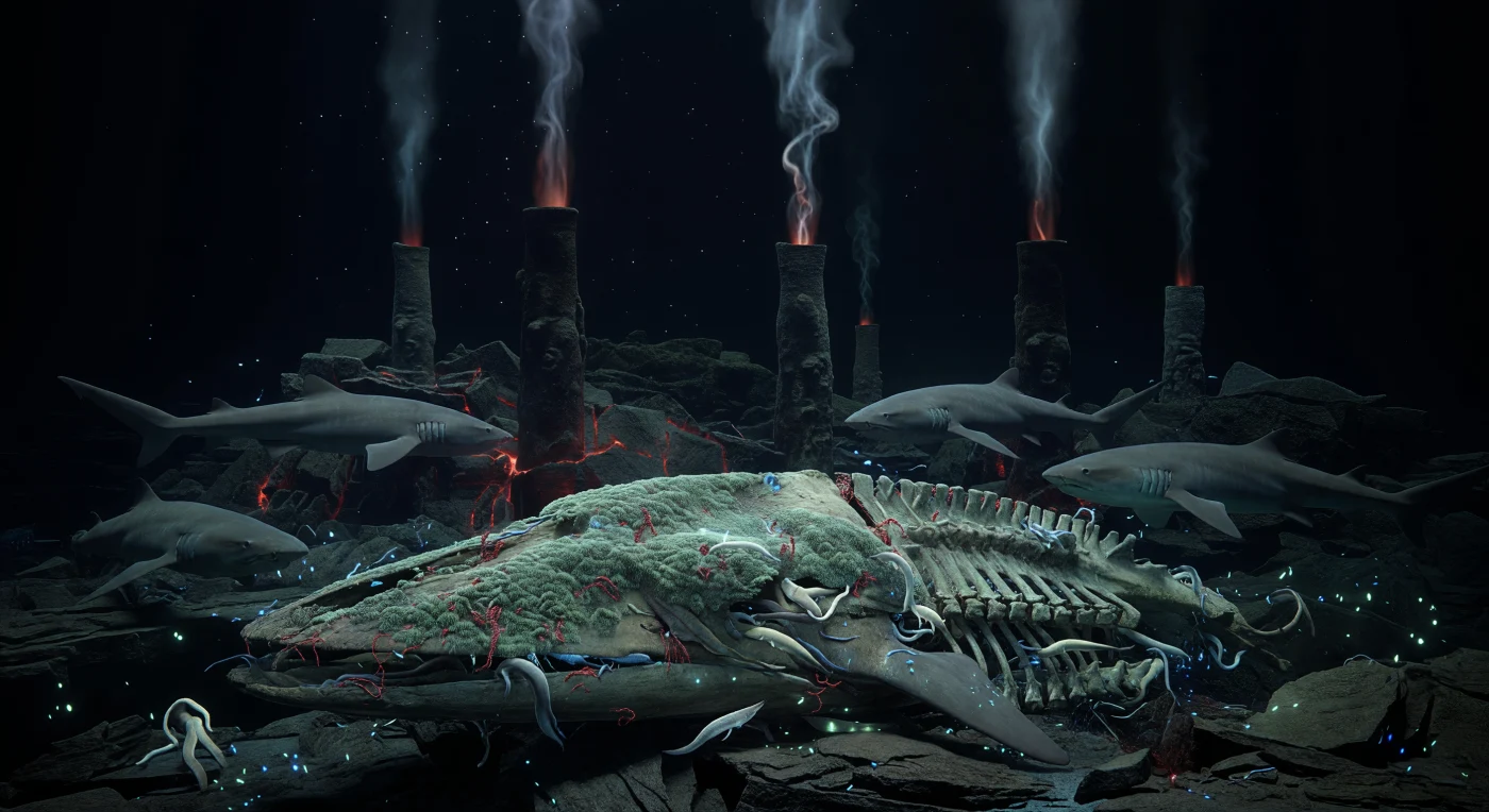 At roughly 2,500 metres beneath the surface, the seafloor here is twin kingdoms sharing a single darkness: the slow archaeology of bone and the violent chemistry of the Earth's interior, held together by cold, pressure, and the complete absence of sunlight. A whale skull rests among shattered basalt talus, its calcium phosphate surfaces softened by velvet bacterial mats and threaded through by Osedax worms — bone-eating annelids whose root-like tissues secrete acid to dissolve the lipid-rich matrix within, extracting nutrition from skeletal material that may sustain a chemosynthetic community for decades under the Smith & Baco succession model. Pale hagfishes work the cavities with slow muscular coiling, and sleeper sharks — *Somniosus* species adapted to the crushing pressure of the midnight zone, where water column above compresses to over 250 atmospheres — describe wide, unhurried arcs around the carcass, their neutral buoyancy a biological solution to a world that offers no thermocline to soar upon. Beyond the bones, black smoker chimneys rise from fractured pillow basalt along an active spreading ridge, their anhydrite and sulfide mineral spires built incrementally by superheated fluid — exceeding 350°C at the vent mouth — that carries reduced iron, copper, and sulfur compounds into the near-freezing ambient water, generating orange-red chemiluminescent oxidation halos at the plume boundaries, while cyan and blue bioluminescent pulses from microbial films and small deep-sea fauna softly trace the skull's eroded sutures and the shark's skin in a world that illuminates only itself.