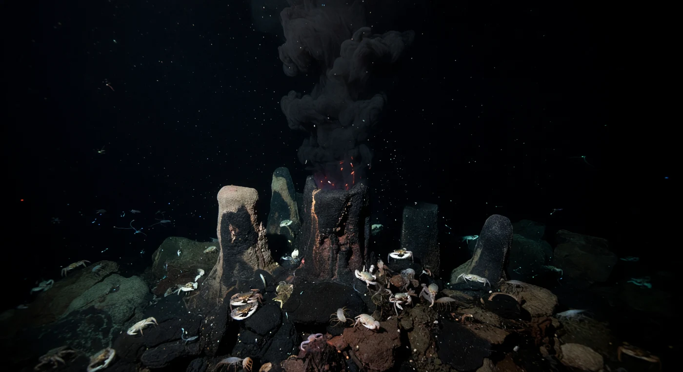 The submersible drifts to a near-halt as its twin lamps sweep across the field of sulfide towers, each chimney's mineral surface catching the amber beam in a brief hard glint before the darkness reclaims it—here, at pressures exceeding 200 to 400 atmospheres, the viewport glass transmits a world that no sunlight has ever touched. The dominant spire vents a dense black plume of superheated, metal-rich fluid reaching upward of 350 °C, the effluent laced with iron sulfide nanoparticles that render it opaque as ink; around its base, the surrounding seawater hovers just above freezing, a thermal boundary so sharp the lamps reveal faint schlieren distortion where the two regimes collide. Clustered along the fractured basalt apron, colonies of Munida-type squat lobsters and alvinocaridid shrimp—many of them bearing chemosynthetic episymbionts on their gill chambers and backs—feed on microbial mats sustained entirely by hydrogen sulfide oxidation, a food web that owes nothing to photosynthesis or the sunlit ocean above. Fine marine snow, a perpetual slow rain of organic aggregates descending from the productive surface layers a kilometer or more overhead, drifts luminous and momentary through the cone of light before dissolving back into the absolute black that presses in on every side. Beyond the reach of the lamps there is nothing—no gradient, no horizon, no blue—only the void that reminds every observer that this is the ocean's true interior, and that the vehicle's hull is the only barrier between a human body and a pressure that would collapse it in an instant.