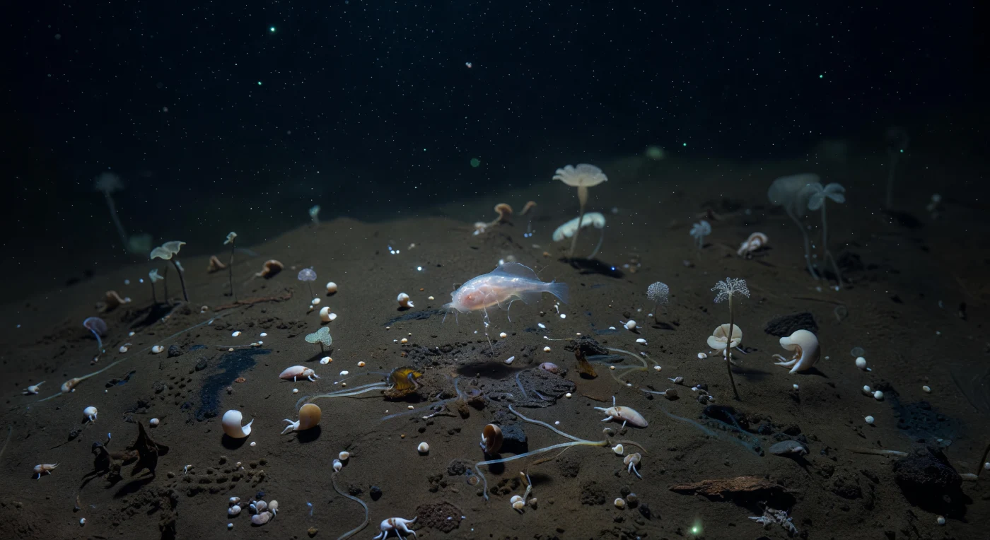 At the floor of one of Earth's deepest trenches, where the Pacific Plate buckles downward beneath crushing pressures approaching 1,000 atmospheres and temperatures hover near 1–2 °C, a hadal snailfish — *Notoliparis* or a close relative — drifts motionless above organic-enriched mud, its gelatinous, near-transparent body an evolutionary response to pressures that would destroy any rigid skeleton, its tissues saturated with piezolytes like trimethylamine oxide that stabilize proteins against collapse. Below it, the sediment surface tells a story of vertical flux compressed into horizontal space: the trench's steep topography acts as a gravitational funnel, concentrating phytodetrital aggregates, fecal pellets, and sunken organic matter far above the concentrations found on surrounding abyssal plains, nourishing dense communities of *Hirondellea gigas* amphipods that arc and pivot across the soft substrate like pale punctuation marks in permanent darkness. Fragile xenophyophores — giant single-celled foraminifera whose tests of agglutinated particles rise like pale lacework from the silt — anchor themselves on the softer slopes, their remarkable size itself an adaptation to the hadal realm's cold stability and slow metabolic tempo. Sparse bioluminescent points drift through the black water column above, cold blue-green sparks from bacteria and drifting invertebrates that represent the only light this sediment surface has ever known, while a thin nepheloid layer suspends fine particles just above the mud, the trench walls fading upward into absolute darkness — a world of immense pressure, slow time, and quiet biological intensity that has unfolded without witness across geological epochs.