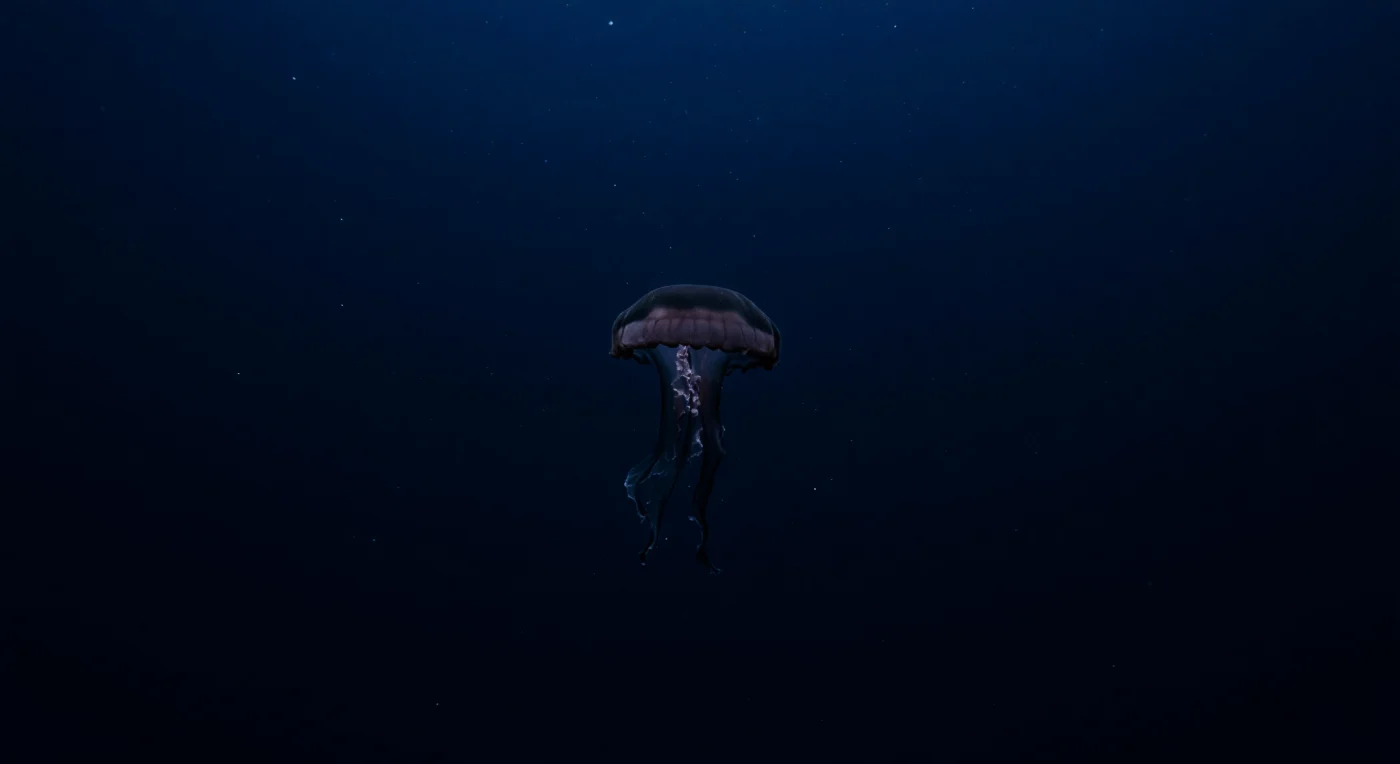 At roughly 500 to 700 meters beneath the surface, where pressure exceeds fifty atmospheres and the last measurable trace of solar energy survives only as a faint cobalt gradient dissolving overhead into absolute black below, a single *Stygiomedusa gigantea* occupies the open midwater column above an unseen continental slope — one of the largest medusae on Earth, yet belonging entirely to this void as if the ocean had willed it into being. Its broad bell, dark wine-maroon and semi-translucent, intercepts the residual downwelling blue just enough to reveal delicate internal membranes and a softly luminous rim where attenuated photons pass through gelatinous tissue only micrometers thick, while the four immense ribbon-like oral arms — which may extend several meters — curl downward and fade, unresisted, into midnight. At these depths, red wavelengths have long since been absorbed by the water column, stripping all warm color from the world and leaving *Stygiomedusa* in near-black maroon shadow, its true pigmentation irrelevant in a realm where the light that reaches it has been filtered through hundreds of meters of seawater and carries almost no energy. Sparse marine snow drifts across the frame, visible only where particles cross the thin ambient field overhead, while isolated cold bioluminescent pinpricks flicker at enormous distances in the surrounding void — other organisms, unnamed and distant — affirming that this water, cold, stratified, and largely empty, is nonetheless alive in the dark way that the mesopelagic has always been alive, long before anything evolved to witness it.