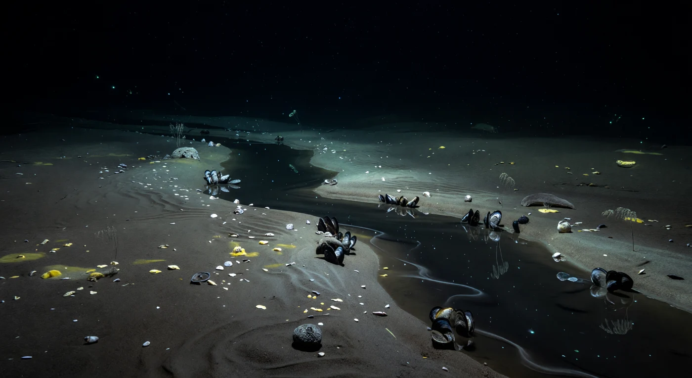 At roughly 5,000 metres below the surface, where pressures exceed 500 atmospheres and ambient temperatures hover near 2 °C, a narrow river of hypersaline brine traces a slow, sinuous course across the abyssal plain — a liquid anomaly resting inside the ocean like a buried sea within a sea. Its upper boundary is unnervingly sharp, a mirror-like halocline where the brine's density, two to five times that of the surrounding water, causes it to pool and flow as a coherent body, folding perfect inverted reflections of pale silt levees, scattered shell hash, and sulfur-yellow bacterial mats into its dark, glassy surface. Along the chemical boundary, clusters of mytilid mussels harbour chemosynthetic symbionts that fix energy not from sunlight — which vanished kilometres above — but from the methane and sulfide exhaled by the seeping seafloor, while faint cold luminescence pulses in near-invisible pinpricks from drifting microorganisms and microbial films edge the brine's margins in a dim, ghostly cyan. A holothurian moves with glacial patience across the adjacent sediment plain, and fragile sea pens stand motionless in the near-stillness, surrounded by the slow vertical drift of marine snow — particulate organic matter descending from the sunlit world above, a faint and distant snowfall settling through crushing darkness. Here the ocean exists entirely on its own terms: anoxic, lethal, chemically alien, and indifferent — a landscape governed by density gradients, mineral dissolution, and the quiet metabolisms of organisms that have never required the sun.