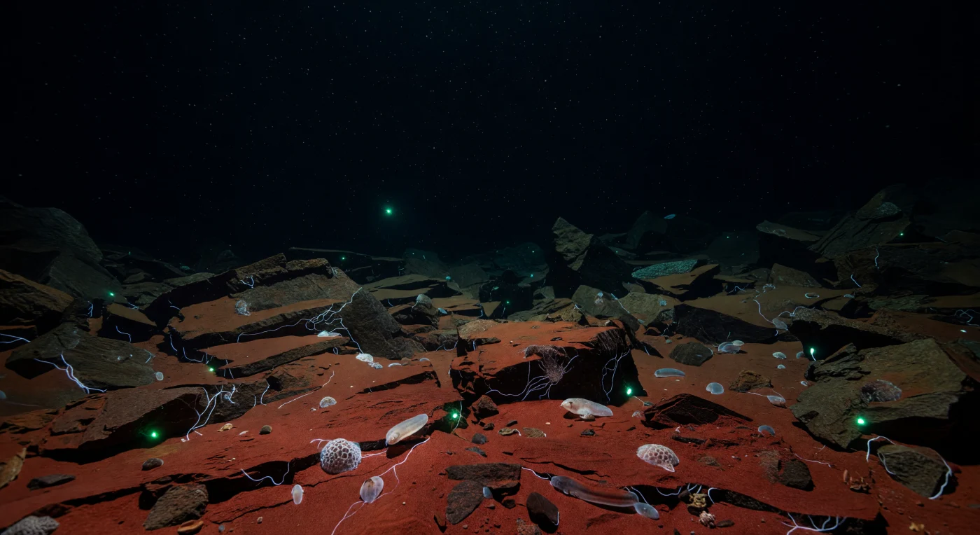 At the base of the Sirena Deep's towering trench wall — the second-deepest measured abyss in the Mariana Trench, plunging beyond ten and a half kilometers beneath the western Pacific — angular talus blocks of fractured basalt and serpentinite lie toppled and half-consumed by iron-rich red silt, the accumulated fallout of millennia of pelagic settling and wall collapse. Here, hydrostatic pressure exceeds one thousand atmospheres, compressing the near-freezing water to a density that slows every process to geologic patience, while marine snow drifts without direction through absolute darkness, pale specks of organic detritus descending from a sunlit world utterly unreachable above. Threadlike films of chemolithotrophic bacteria trace the crevices between rock faces, their faint metabolic glow barely distinguishable from the cold, and xenophyophore-like agglutinated foraminifera press themselves flat against the sediment surface, among the largest single-celled organisms on Earth, exploiting trace organic matter in sediment where almost nothing else survives. Pale holothurians — hadal sea cucumbers of the genus *Peniagone* or close relatives — move with impossible slowness across the silt between the blocks, their soft bodies intermittently catching distant emerald pulses from bioluminescent organisms drifting far out in the water column, organisms that never touch the floor yet briefly illuminate it. The trench wall rises into impenetrable blackness above, the scale of it geologic and indifferent, a subduction scar where the Pacific Plate bends downward into the mantle, carrying this silence with it.