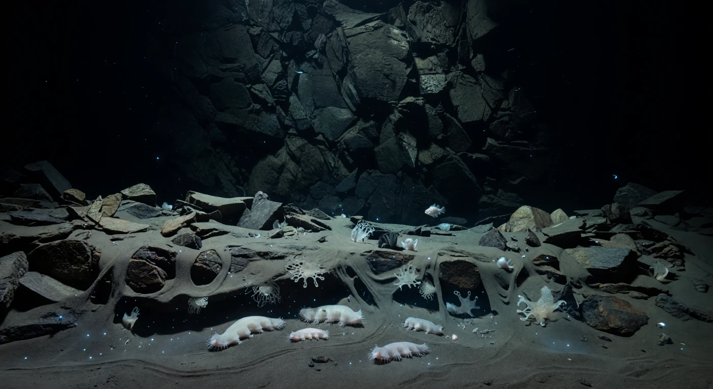 At depths where pressure exceeds 800 atmospheres and temperature hovers near 1–2°C, a near-vertical subduction-scar cliff of dark fractured basalt plunges into a talus bench of angular collapsed blocks, their surfaces slicked with mineral films and dusted by a thin nepheloid haze of slowly settling marine snow. In the sheltered mud pocket cradled between the fallen stones, pale hadal holothurians — translucent ivory, their low dorsal ridges faintly tinged with pink — inch forward on delicate tube feet, inscribing sinuous trails in the gray silt as they process sediment laden with bacterial mats and particulate organic carbon that has drifted down across kilometers of open water. Fragile xenophyophore tests cling to calmer patches of sediment nearby, their single-celled architecture scaled to a size only achievable under such stable, cold, high-pressure conditions, while a solitary hadal snailfish — a liparid adapted with pressure-tolerant enzyme systems and a gelatinous, low-density body — hovers ghost-like just beyond the bench, dwarfed by the ascending wall that vanishes into absolute blackness above. Intermittent cyan-blue bioluminescent flashes from drifting midwater organisms briefly cross the scene, catching the wet texture of broken rock and outlining the holothurians' soft ridges before fading back into darkness, the only light this world has ever known. Here, at the convergent margin of two tectonic plates, life persists in a primordial silence that owes nothing to any outside witness.