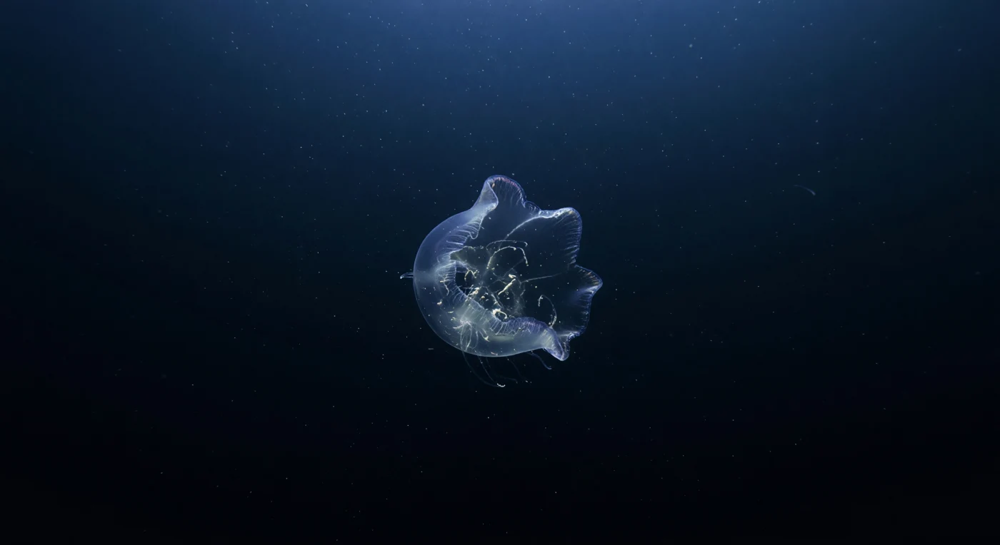 At around 400 metres depth over a continental slope, where the last whisper of sunlight filters down as a barely perceptible cobalt gradient fading into absolute darkness below, a large *Thalassocalyce* ctenophore hangs motionless in the pressurized midwater column — roughly 41 atmospheres bearing silently on its almost entirely aqueous body. Its paired oral lobes have spread wide into the characteristic feeding-cup posture, forming a translucent dome of nearly invisible tissue around a small concentration of planktonic prey, tiny crustaceans suspended inside the gelatinous cavity as though caught in glass. Where the faint residual downwelling light grazes the ruffled membrane edges, violet-blue interference colours ripple in restrained iridescence along the comb rows — not bioluminescence, but the structural optics of extraordinarily thin tissue refracting what little ambient photons still exist at this depth. Around it, the mesopelagic water column stretches away in every direction as a dim, particle-dusted silence, interrupted only by the occasional cold pinpoint of bioluminescent light from organisms deeper in the darkness, where sunlight no longer reaches at all. This is a world of near-perfect stillness, where gelatinous animals have found enormous evolutionary success precisely because their fluid bodies cost almost nothing to maintain, their transparency renders them effectively invisible, and the layered density structure of the water column concentrates the prey that sustains them.