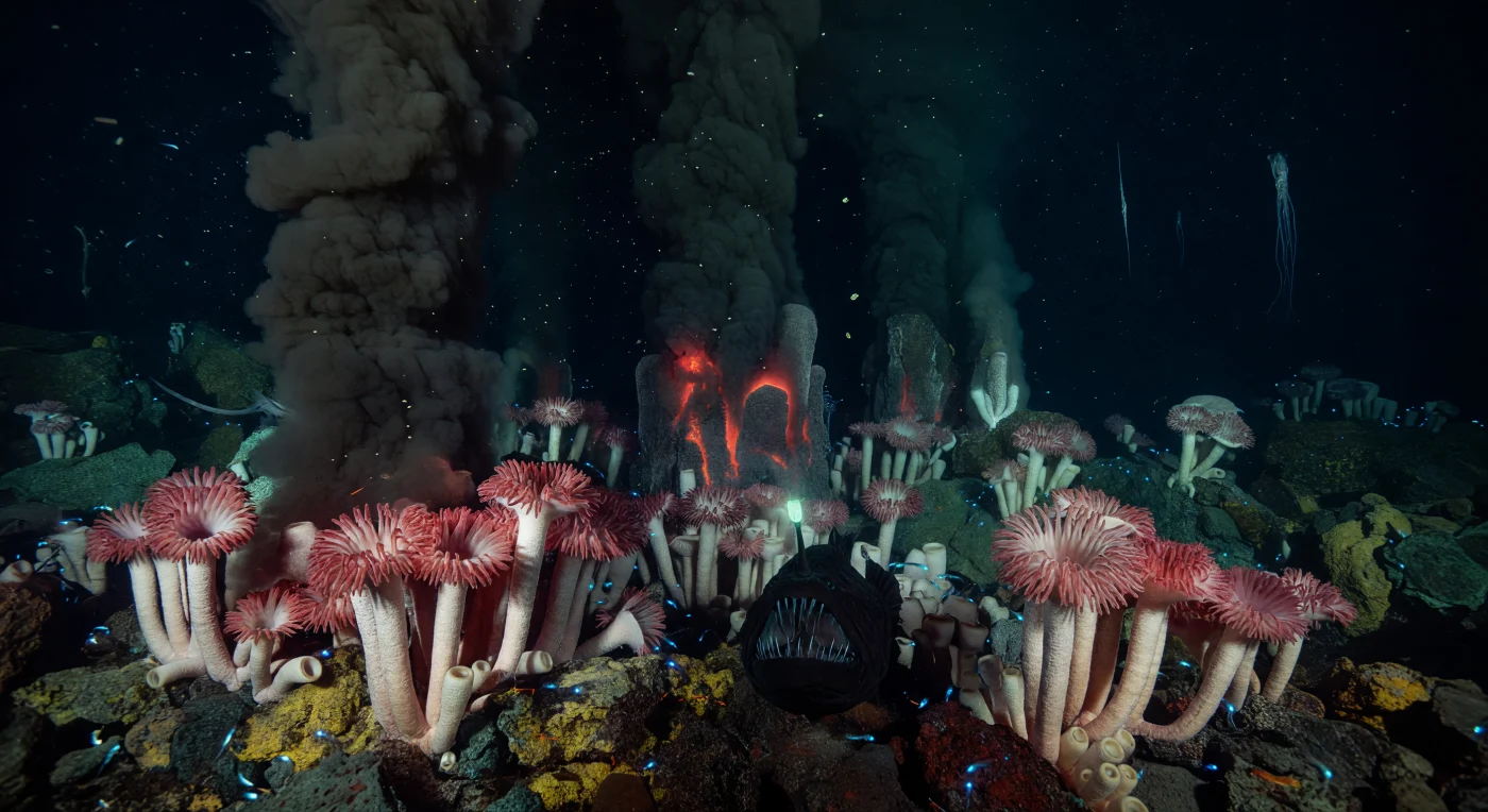 At the fractured margin of a hydrothermal vent field somewhere between one and four kilometers beneath the surface, dense forests of giant tube worms — Riftia pachyptila and their relatives — rise from sulfide-encrusted basalt in tightly packed colonies, their ivory tubes topped with soft crimson plumes that sway in the slow convective currents rising from below, sustained not by sunlight but by the chemosynthetic metabolism of bacterial endosymbionts converting hydrogen sulfide into organic carbon. Black smoker plumes billow upward in layered mineral folds, and the restrained orange-red thermal glow seeping from fresh basalt seams, combined with the faint chemiluminescent haze of oxidizing mineral particulates, defines the only ambient light in water where photosynthetically active radiation has been functionally absent for hundreds of meters above. Along the crowded perimeter of the colony, small bioluminescent invertebrates pulse cyan and blue against wet chitin and sulfide-stained rock, and it is precisely here, at the lit edge of this chemosynthetic oasis, that an abyssal anglerfish holds itself motionless — its pressure-adapted body matte and dense, oversized jaws lined with translucent recurved teeth, its esca glowing cold greenish-cyan in a slow rhythmic pulse that mimics the very bioluminescence surrounding it, a lure evolved over millions of years to exploit the visual reflexes of prey that have no other light to follow. Beyond it, the vent field recedes into towering chimneys and smoky mineral veils, and somewhere deeper in the black water the needle silhouette of a viperfish and the improbable trailing filaments of a Magnapinna squid persist as barely resolved forms — pressure-tolerant bodies carrying the full evolutionary weight of an ecosystem that has never needed the sun.