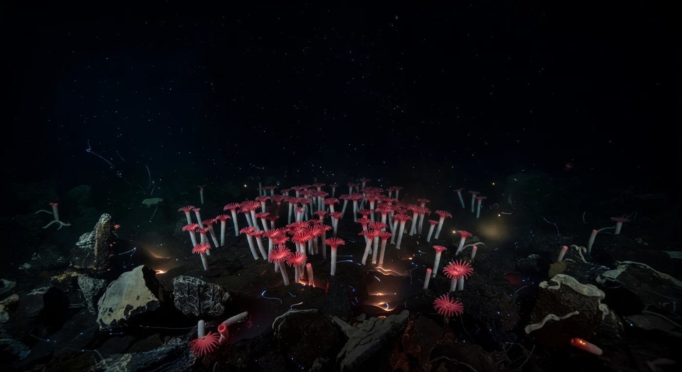 The submersible creeps forward on thruster whisper alone, its twin lamps carving a hard-edged cone of white light out of absolute darkness, and suddenly the seafloor resolves into something almost impossibly alive: dense ranks of *Riftia pachyptila* tubes, chalky and rigid as ceramic, each one crowned with a feathery crimson plume that flickers in the barely perceptible current stirred by diffuse hydrothermal flow seeping invisibly from fractures in the fresh basalt beneath. At this depth — somewhere between two and three kilometres down — pressure exceeds 250 atmospheres, no photon of sunlight has ever reached this water, and the near-freezing ambient temperature makes the warmth bleeding up through those cracks all the more extraordinary; the refractive shimmer of the rising fluid bends the lamplight like a desert mirage, betraying chemistry that sustains an entire ecosystem without a single ray of solar energy. These worms carry no digestive tract; instead they are biological reactors, housing chemoautotrophic bacteria in a specialised organ called the trophosome that oxidises hydrogen sulphide into the organic carbon that feeds the colony. Beyond the tight illumination cone, marine snow drifts through blue-grey half-shadow before the scene collapses entirely into a void so complete that the occasional cold flash of bioluminescence at its edge feels less like life and more like a rumour of it.