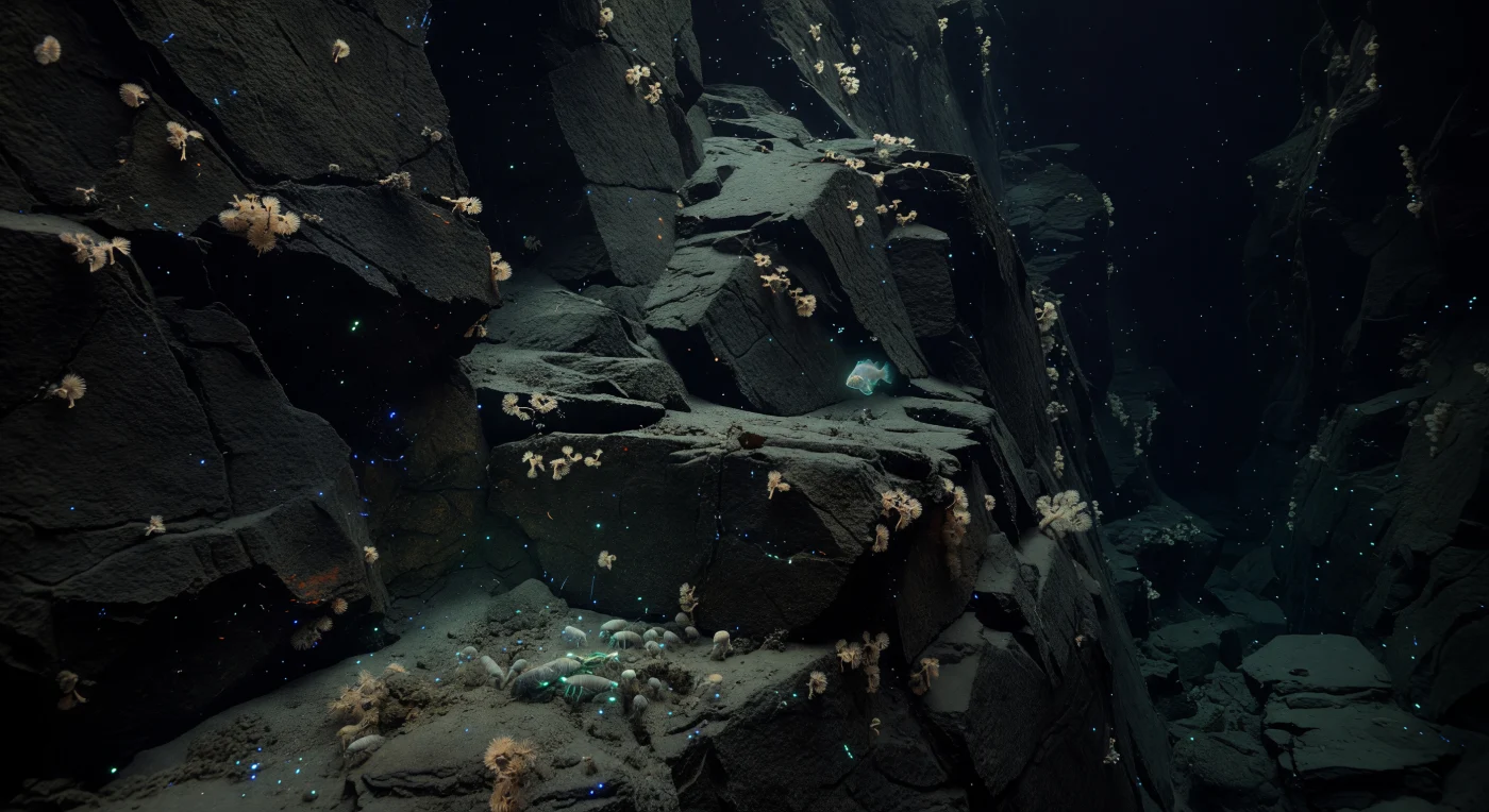 The near-vertical face of the Kermadec Trench wall descends without apparent end, a colossal tectonic wound where the Pacific Plate bends downward into the mantle at pressures approaching 1,000 atmospheres, cold water locked at barely 1–2 °C, every cubic centimeter of it bearing a crushing stillness that has persisted for millions of years. Fractured charcoal-black basalt and ash-gray sediment ledges stack upon one another in receding scarps, their surfaces veneered in organically enriched silt and punctuated by sparse xenophyophores — among the largest single-celled organisms on Earth — clinging to softer ledges in pale beige rosettes, filtering the slow fall of marine snow that drifts down from a sunlit surface world impossibly remote above. A ghost-pale hadal snailfish, gelatinized and pressure-adapted, holds position near a fractured ledge in the middle distance, its translucent body barely distinguished from the black water except where distant bioluminescent pinpricks — tiny flashes from drifting organisms scattered through the aphotic column — intermittently trace the contours of rock and sediment in cold blue-green light. Below, where organically enriched sediment collects against the base of the wall, a loose swarm of outsized amphipods works the soft substrate around a naturally sunken carcass, their pale segmented bodies catching faint cyan highlights, part of the hadal scavenging community that thrives precisely because this topographic funnel concentrates food falling from far above. The wall continues beyond all visibility into an ancient, witnessless dark, a world complete in itself, indifferent to observation, shaped entirely by pressure, tectonics, cold, and the slow chemistry of the deep.