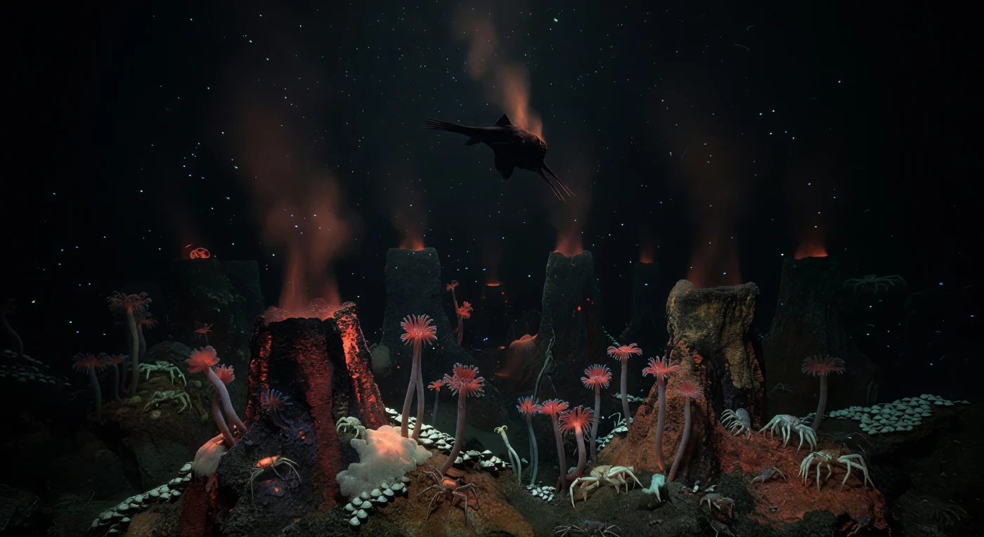 At roughly one to four kilometres below the surface, where pressure exceeds one hundred atmospheres and the last trace of solar light dissolved long ago, a viperfish hangs in the water column as a pure silhouette — its needle fangs and elongate body lit only by the diffuse orange-red chemiluminescent glow rising from the black-smoker field far beneath it. Down on the basalt seafloor, hydrothermal chimneys exhaust superheated fluid at temperatures approaching 350 °C, precipitating towering sulfide structures and wreathing the surrounding rock in mineral-laden plumes; the thermal gradient sustains dense chemosynthetic ecosystems — bacterial mats, Riftia pachyptila tubeworm colonies with their crimson plumes, carpets of Calyptogena clams, and pale yeti crabs pressing against warm sulfide ledges — all of them drawing energy from hydrogen sulfide rather than sunlight. Scattered through the open water above, cyan and blue-green bioluminescent pinpricks mark drifting organisms too small to name individually, their faint emissions the only illumination beyond the vent glow itself. Marine snow and fine mineral particles drift slowly downward, carrying the chemistry of the mid-water into this benthic world, while the viperfish — Chauliodus sloani or a close relative, a pursuit predator of the midnight zone — remains perfectly still for an instant, suspended between the black water above and the primordial heat below, belonging entirely to a world that has existed on these terms for millions of years.