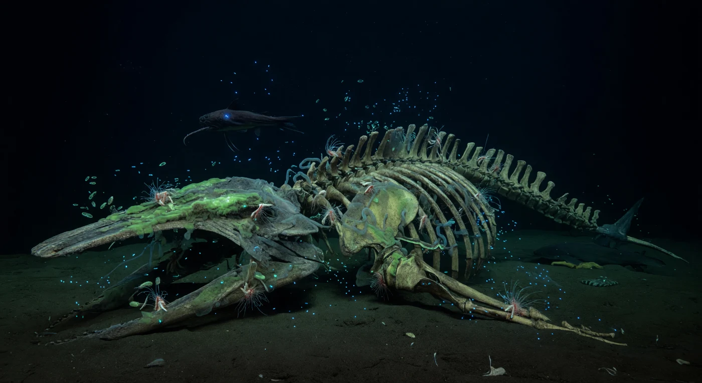 At roughly 2,500 metres below the surface, where pressure exceeds 250 atmospheres and no photon of sunlight has ever penetrated, a sperm whale skeleton sprawls across cold, silty sediment like the ruins of an ancient cathedral — vertebrae half-swallowed by the mud, the great rib cage arching upward in silent geometry. The fall has long since passed through its mobile-scavenger stage and entered the sulfophilic phase: pale, waxy mats of chemoautotrophic bacteria spread across bone surfaces, drawing energy not from light but from hydrogen sulfide generated as lipid-rich bone marrow decomposes beneath them, while Osedax worms — their feathery plumes flushed cream and red — bore directly into the porous vertebrae, hosting endosymbiotic bacteria that digest collagen and fat locked within. Through the calcified ribs, a scatter of sapphire and cyan flashes betrays startled amphipods and isopods streaming away from disturbance, their bioluminescent escape signals illuminating wet bone texture and drifting marine snow for fractions of a second before darkness reclaims everything. Crossing the midwater above this chemosynthetic island, a viperfish — Chauliodus sloani — cuts a near-perfect silhouette, its needle profile and recurved fangs evolved for a world of ambush and darkness, its passage utterly indifferent to the slow sulfurous transformation unfolding on the seafloor below. Here, far beneath the reach of seasons or storms, a single carcass sustains an entire archipelago of life across decades, chemosynthesis standing in for sunlight, bone replacing basalt.