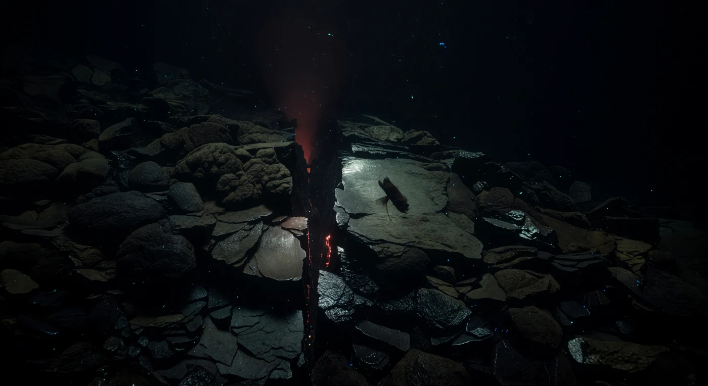 Along a mid-ocean ridge fault scarp at roughly 2,500 to 3,500 metres depth, tectonic plates draw apart with geological patience, forcing fresh basalt upward through eruptive fissures and leaving pillow lavas and volcanic glass stacked in fractured ledges that plunge into absolute darkness below. At these pressures — exceeding 250 atmospheres — seawater percolates deep into newly formed crust, is superheated by underlying magma, and rises again as diffuse hydrothermal outflow, carrying dissolved minerals that shimmer faintly against dark rock faces and feed chemosynthetic microbial films along warm crack margins; a distant vent plume bleeds a ruddy orange-red haze up the wall, the only chromatic warmth in an otherwise lightless world. Against this faint thermal backlight, a viperfish — *Chauliodus* sp. — hangs suspended in the water column, its elongated body and grotesque needle dentition rendered as a pure razor silhouette, a predator shaped by millions of years of selection for ambush and lure in a realm where metabolic economy is survival. Scattered cyan-blue-green bioluminescent points pulse in the surrounding blackness, likely from small mesopelagic migrants or invertebrate drifters carried on slow ridge-driven currents, while marine snow and mineral particles settle without interruption through water that has never known sunlight. This is ocean as deep-earth process: volcanic, chemical, pressurized, and entirely indifferent to any witness.