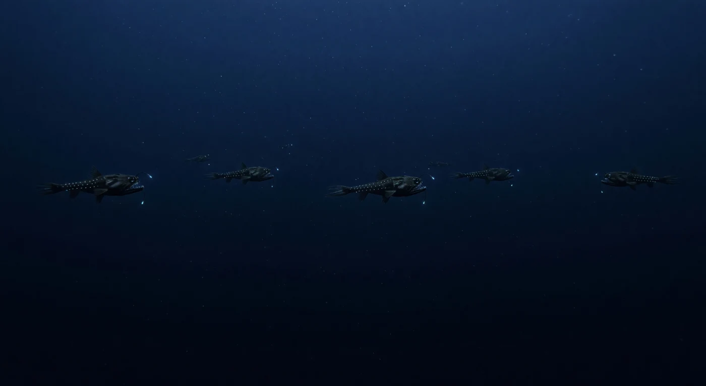 Between 500 and 700 meters, the last traces of solar energy arrive not as warmth or color but as a faint cobalt stain dissolving into absolute black, a threshold where photosynthesis is impossible and pressure already exceeds fifty atmospheres. Here, Chauliodus sloani — the viperfish — suspends itself in the water column with near-perfect stillness, its fang-lined jaws held slightly agape, waiting; the chin barbel trails below the head like a fishing line tipped with living fire, its cold blue-green photophore producing light through luciferin oxidation rather than any external source, a biochemical lantern refined across hundreds of millions of years. Along each flank, rows of ventral photophores form dim dotted constellations that break the fish's silhouette when viewed from below against whatever residual downwelling light remains — a phenomenon known as counter-illumination, a survival strategy written in light. Marine snow drifts freely through the corridor, a slow rain of organic particles descending from the productive surface far above, carrying energy downward into this sparse and pressurized world. Nothing here glows for any witness; the light exists entirely within its own logic, a language of predation and concealment spoken in the dark.