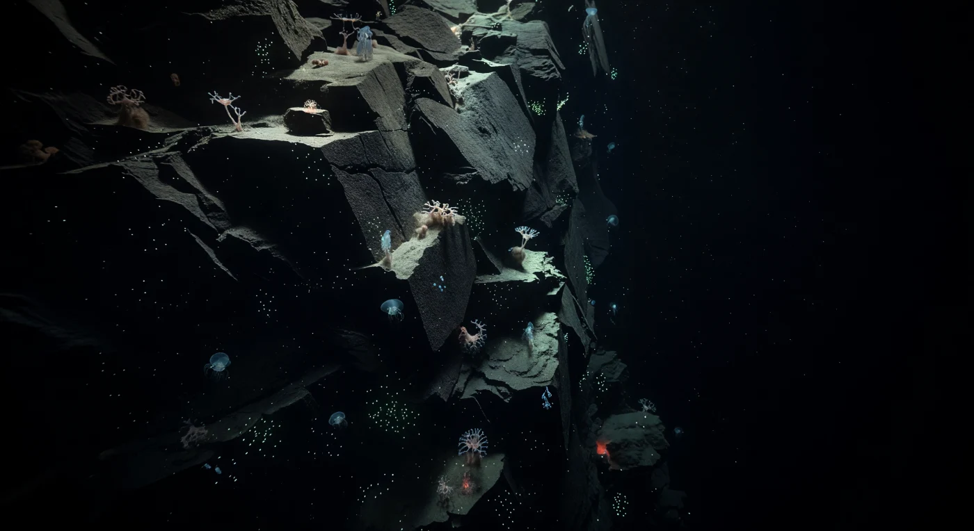 At the deepest recess of the Mariana Trench's subduction architecture, where the Pacific Plate's descent beneath the Philippine Sea Plate has sculpted this near-vertical scarp over millions of years, charcoal-black fractured basalt drops away in successive ledges and fault-controlled gullies under pressure approaching 1,100 atmospheres — a force that compresses every cubic centimeter of water and would collapse any air space instantaneously. Fine marine snow settles in perpetual slow drift across the rock face, accumulating in pale beige draperies on sheltered ledges where xenophyophore-like forms — giant single-celled foraminifera among the largest unicellular organisms on Earth — anchor themselves to the sediment veneer, feeding on the sparse organic particles descending from a sunlit surface nearly eleven kilometers above. Permanent, absolute aphotic darkness fills the void beside the wall, broken only by the cold cyan-blue and faint green pulses of gelatinous drifters and microscopic bioluminescent plankton whose chemical light sketches the wall's relief in fleeting, sourceless glimmers — the only illumination this environment has ever known. Here, in a stillness that silence cannot adequately describe, pressure-adapted microbial communities colonize the pore spaces of sediment and fractured rock, sustaining a hadal food web that functions entirely on the rain of organic matter from above, indifferent to any world beyond this crushing, lightless trench.