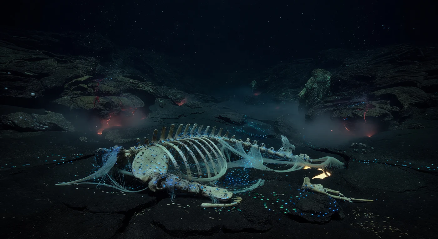 At roughly 2,500 to 3,000 metres below the surface, where tectonic plates slowly peel apart along a volcanic spine of black basalt, the crushed skeleton of a great whale has come to rest on a valley floor of pillow lavas and fractured eruptive fissures — a serendipitous collision between two of the deep ocean's most profound events. Pressure here exceeds 250 atmospheres, sunlight has been extinct for kilometres above, and yet the carcass pulses with cold blue and cyan bioluminescence as dense amphipod swarms move in coordinated feeding waves across pale tissue that still bridges the arcing ribs in translucent strands, each scavenger briefly tracing a green-blue flash before vanishing between exposed vertebrae. Farther across the basaltic sediment, diffuse hydrothermal outflow seeps silently from hairline fissures, lending a faint orange-red chemiluminescent veil to the surrounding volcanic hummocks — a reminder that this ridge already sustains chemoautotrophic life entirely independent of the sun — while mineral particles and marine snow drift freely through the absolute darkness of the water column, unhurried and unwitnessed. The whale fall transforms an otherwise austere rift valley into a sudden oasis of organic energy, a phenomenon that deep-sea ecologists recognise as a succession of ecological stages that can sustain distinct biological communities for decades, drawing mobile scavengers, enrichment-opportunist fauna, and ultimately sulfophilic bacteria that chemically mirror the hydrothermal ecosystems already colonising the basalt nearby. In the immensity of this black ridge valley, the luminous carcass reads as both catastrophe and gift — a brief, cold star settling into geological time.