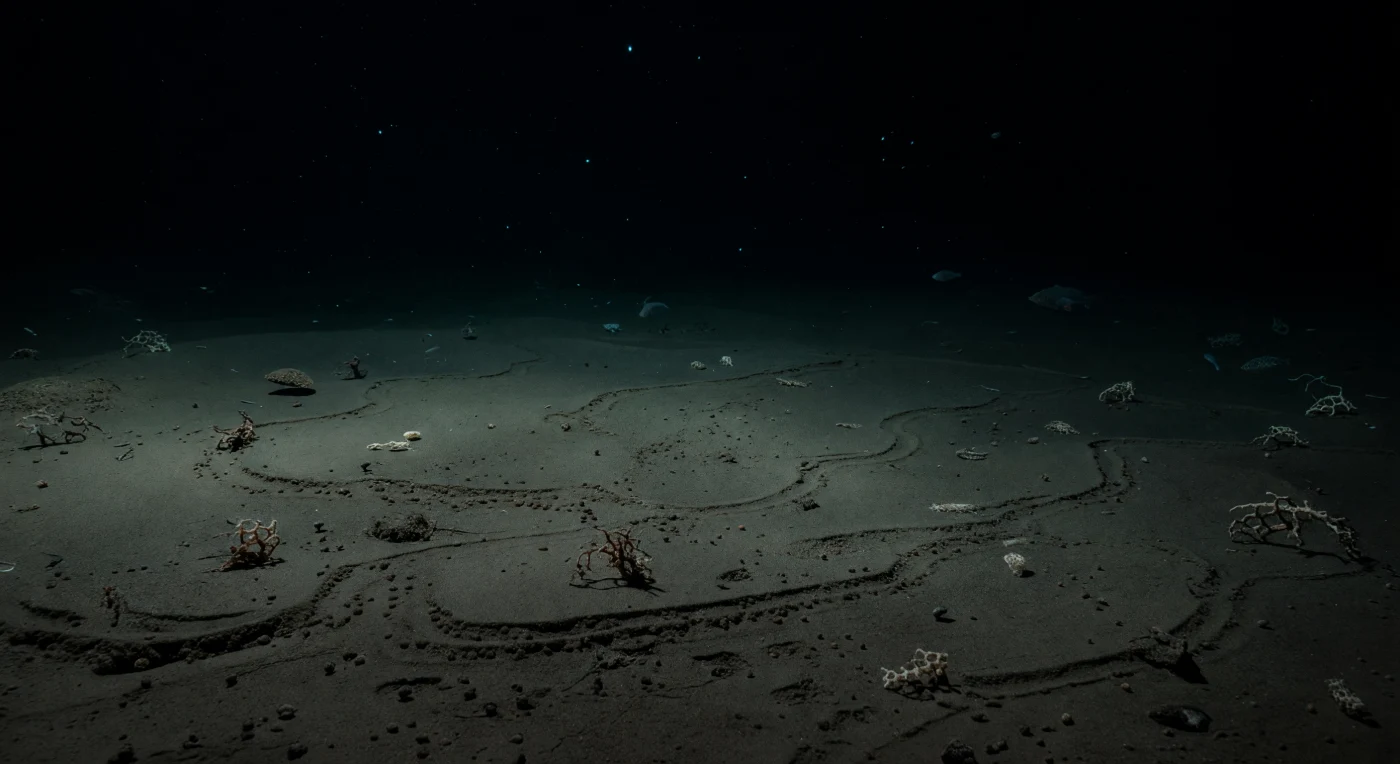 At roughly eight to ten thousand metres beneath the southwest Pacific surface, where the Pacific Plate bends into the mantle beneath the Kermadec subduction system, hydrostatic pressure exceeds eight hundred atmospheres and the water temperature hovers near one to two degrees Celsius — conditions that have shaped an ecology of extraordinary biochemical ingenuity. The sediment floor recorded here is not inert; it is a written archive of hadal life, its velvety silty surface inscribed with meandering foraging trails left by deposit-feeding invertebrates, punctured by tiny feeding pits, raised into low pelletized ridges by organisms processing organic-rich detritus, and scattered with the broken pale lattices of xenophyophore fragments — giant single-celled foraminifera whose delicate tests have collapsed under time and pressure into half-sunken ruins. The trench acts as a topographic funnel, concentrating phytodetrital marine snow and carcass fall from the abyssal plains above, producing sediment measurably enriched in organic carbon relative to surrounding seafloor and sustaining scavengers and deposit feeders at densities unusual for such depth. Rare cyan sparks suspended far above the bottom and cold-blue glimmers from drifting organisms provide the only light in this absolute darkness, enough to separate texture from surrounding blackness but no more, while ghostlike hadal snailfish — their tissues stabilized against pressure collapse by elevated concentrations of the piezolyte TMAO — drift through the farther gloom above a floor that corrugates faintly with the micro-relief of weak bottom currents and episodic sediment settling. This world proceeds in crushing stillness, wholly indifferent to observation, its ecology written only in mud.