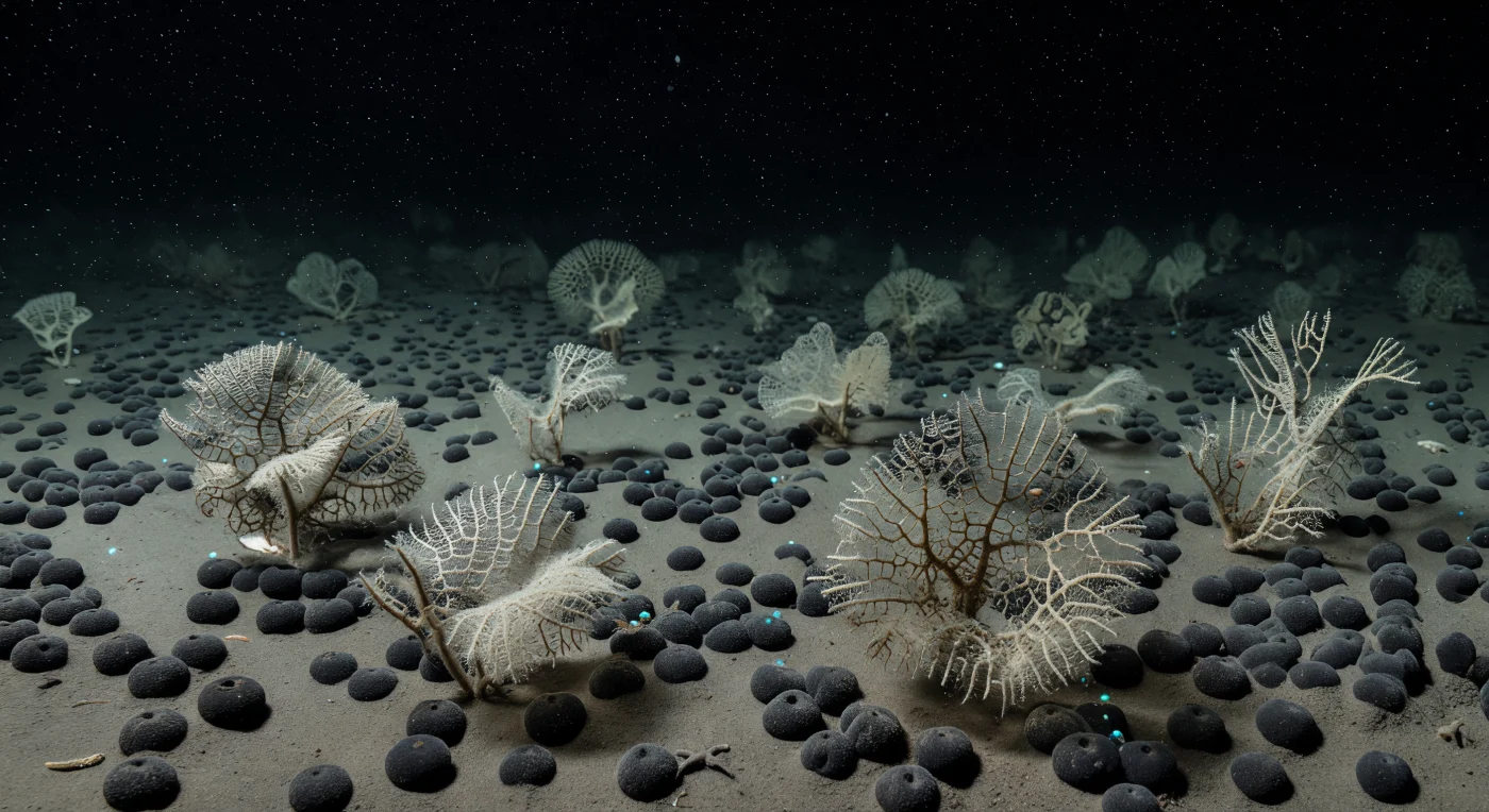 Across the abyssal plain of the Clarion–Clipperton Zone, at depths approaching five kilometers, the seafloor spreads as a near-featureless expanse of pale grey-brown sediment, its surface embedded with countless matte black manganese nodules that have grown at geological pace — accreting at mere millimeters per million years — under pressures exceeding 500 atmospheres and in water barely above freezing. Rising among them, xenophyophores construct some of the largest single-celled organisms on Earth: intricate agglutinated fans of gathered sediment grains, porous and lace-like, held in forms that intercept the perpetual slow drift of marine snow descending from the sunlit ocean far overhead. These giant protists anchor a sparse but finely adapted community — minute translucent crustaceans move through the latticed chambers, their bodies emitting intermittent cyan and blue-green bioluminescent flickers that serve as the only light source across this otherwise absolute darkness, brief cold sparks suspended against black water and black mineral. The seafloor here exists in near-perfect stillness: no photosynthesis, no seasons, no turbulence — only the slow accumulation of particles, the chemical patience of nodule formation, and the quiet metabolic rhythms of organisms that have adapted entirely to pressure, cold, and the near-total absence of energy, in a world that proceeds, immense and unhurried, entirely without witness.