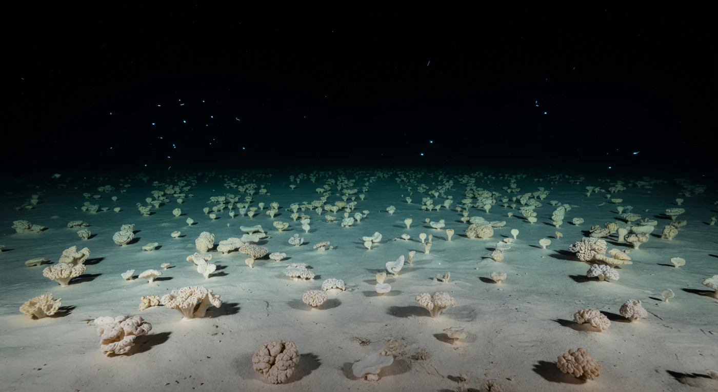 At the deepest known point in Earth's crust, nearly eleven kilometers beneath the surface, the hadal floor of Challenger Deep extends outward as an immense, near-featureless plain of powder-fine white-beige sediment — the accumulated fall of countless millennia of foraminifera, organic detritus, and marine snow that has settled through the entire water column above. Across this silty depocenter, xenophyophores rise in ghostly clusters: giant single-celled organisms, among the largest individual cells known to biology, their pale lobed and reticulate bodies forming fragile moundlike structures only centimeters tall yet clearly dominating the benthos as primary architects of this sediment landscape. Under roughly 1,100 atmospheres of hydrostatic pressure, water molecules are themselves marginally compressed, and the cold — a near-constant 1.5 to 2 °C — holds the basin in thermal stasis, the still water carrying only the thinnest suspended veil of particulates drifting with imperceptible current. Faint bioluminescent pinpricks flicker among microscopic hadal fauna, their cold cyan light too diffuse and brief to illuminate but just sufficient to suggest the vast, unbroken geometry of xenophyophore fields dissolving into absolute darkness in every direction. This is a world defined entirely by patience, pressure, and biological minimalism — a depocenter where life persists not despite the extremity of conditions but in precise evolutionary negotiation with them, unseen and unwitnessed, exactly as it has been for millions of years.