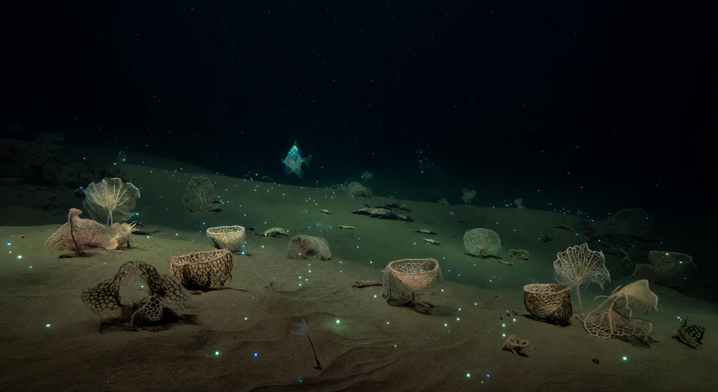 Along the lower flanks of the Kermadec Trench, at depths where hydrostatic pressure exceeds 800 atmospheres and temperatures hover near 1–2 °C, a gently sloping bench of olive-brown silt stretches into absolute darkness, its surface softened by centuries of accumulated marine snow and finely rippled by the weakest of bottom currents. Rising from this sediment in scattered, improbable gardens are xenophyophores — among the largest single-celled organisms on Earth — their reticulate fans and tangled lattice forms standing as pale tan filigree against the black water, some intact, others partly subsided into the mud they have colonized, all of them silently concentrating heavy metals and organic particles in a chemistry the hadal zone has refined over geological time. Faint cyan and green points of bioluminescence drift through the near-bottom nepheloid layer, briefly tracing the edges of xenophyophore fans and catching suspended particles in transit — the only illumination this world has ever known, produced entirely by the organisms passing through it. A ghost-pale hadal snailfish, its body gelatinous and pressure-adapted, its skeleton reduced to near transparency, glides just above the slope with unhurried lateral sweeps, its tissues stabilized against molecular collapse by elevated concentrations of piezolytic compounds, while farther along the bench, *Hirondellea gigas* amphipods move across darker patches of sunken organic detritus, dismantling what the water column above has slowly surrendered downward. This is the Kermadec hadal system as it has always been: a world of immense pressure, near-freezing stillness, and quiet biological purpose, existing entirely without witness.